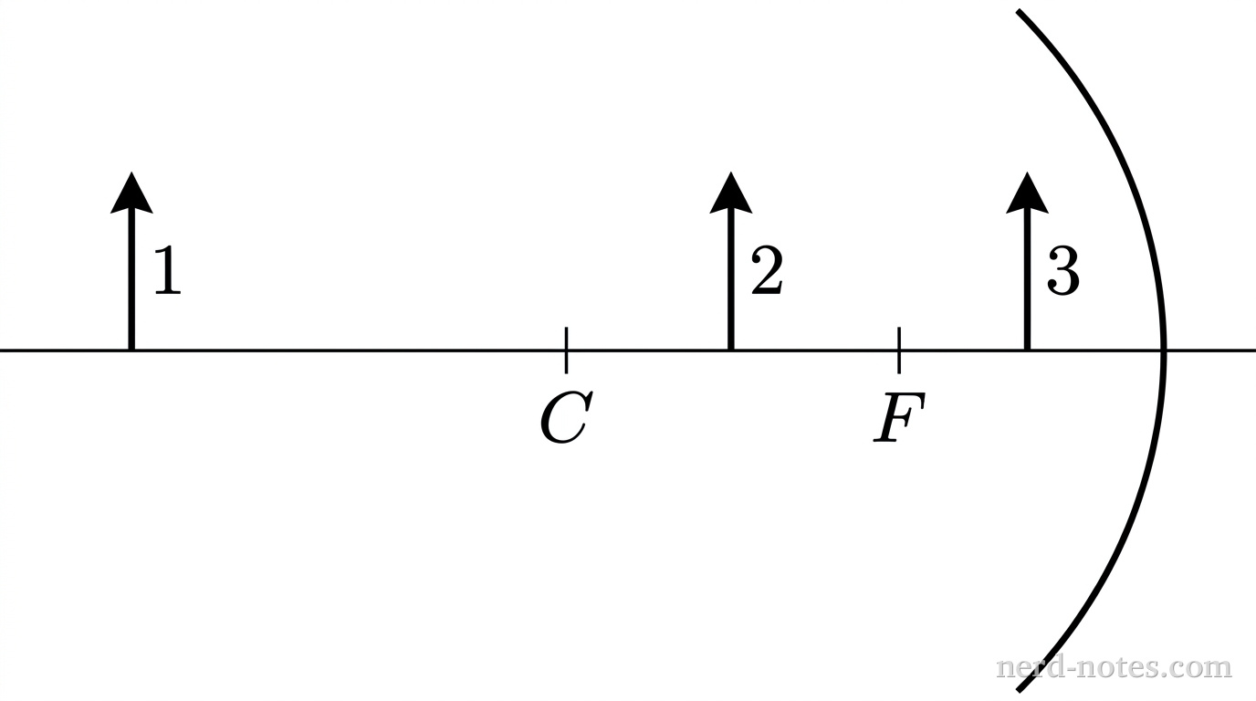 A horizontal line represents the principal axis. On the right, a concave circular arc curves inward toward the left, representing a concave mirror. Along the axis to the left of the mirror, two vertical tick marks are labeled F and C, where F is located at a distance f from the mirror and C is located at a distance 2f from the mirror. Three vertical upward-pointing arrows of equal height stand on the principal axis: arrow 1 is located at 3f to the left of the mirror, arrow 2 is located at 1.5f between C and F, and arrow 3 is located at 0.5f between F and the mirror. Arrow 1 is labeled 1, arrow 2 is labeled 2, and arrow 3 is labeled 3. No other labels, rays, lines, text, or axes appear.