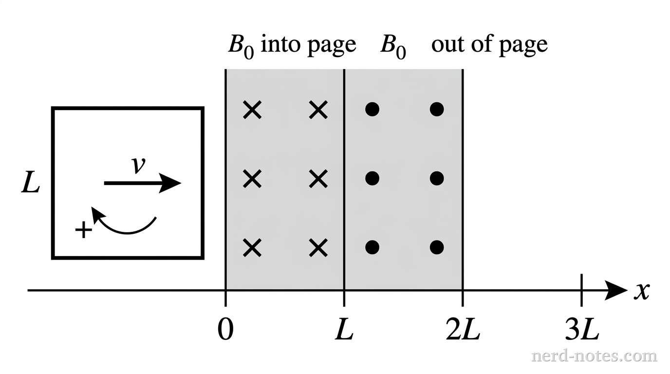 A horizontal x-axis extends to the right with vertical tick marks labeled 0, L, 2L, and 3L. In the interval from x = 0 to x = L, a vertical rectangular region is shaded with an array of six evenly spaced 'x' marks representing a magnetic field into the page, labeled B_0 into page. In the adjacent interval from x = L to x = 2L, a vertical rectangular region of identical size is shaded with an array of six evenly spaced solid dots representing a magnetic field out of the page, labeled B_0 out of page. To the left of x = 0, a square loop of side length L is drawn in the plane of the page, with a rightward horizontal arrow at its center labeled v. A small curved arrow inside the loop pointing counterclockwise is labeled +.