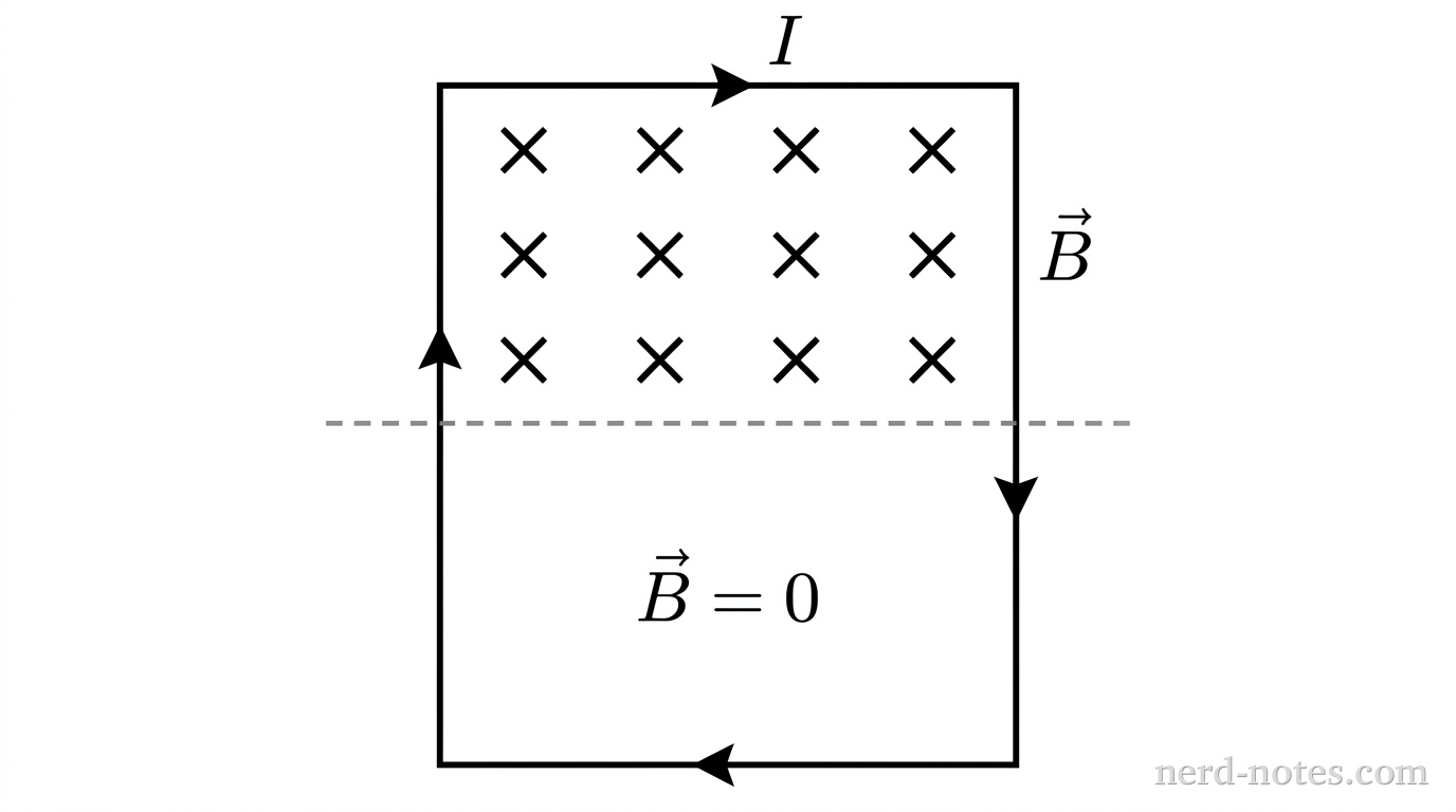 A vertical rectangular wire loop lies in the plane of the page. Exactly four small arrows along the perimeter of the loop indicate a clockwise current \(I\): one arrow pointing to the right on the top horizontal segment, one pointing downward on the right vertical segment, one pointing to the left on the bottom horizontal segment, and one pointing upward on the left vertical segment. A horizontal dashed line crosses the middle of the loop, dividing it into an upper half and a lower half. The region above the dashed line contains a grid of twelve evenly spaced \(\times\) symbols labeled \(\vec{B}\) to represent a uniform magnetic field directed into the page. The region below the dashed line contains no symbols and is labeled \(\vec{B} = 0\). No other labels, lines, text, or axes appear.