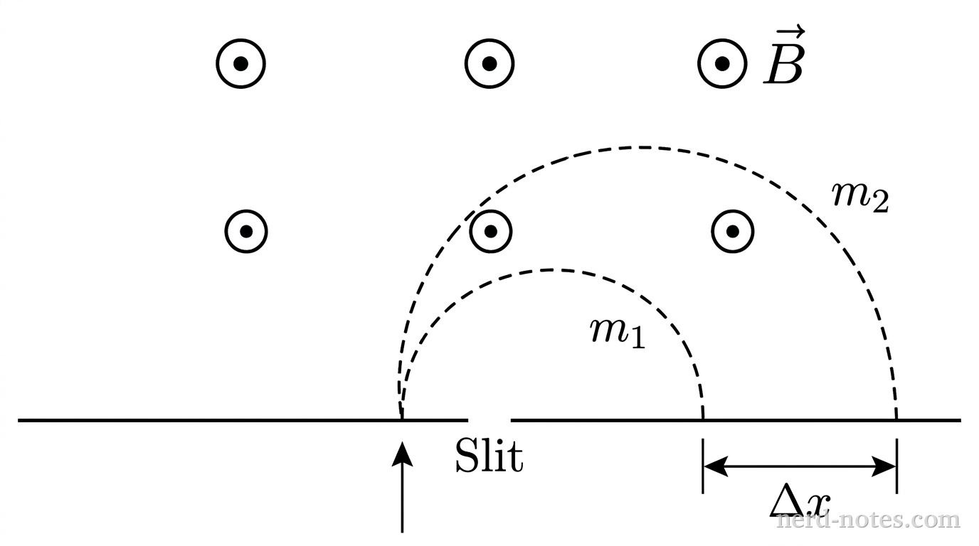 A schematic diagram showing the entrance plane and ion trajectories in a mass spectrometer. At the bottom, a horizontal line represents a detector plate with a small gap labeled Slit. Below the slit, an upward arrow indicates the entrance direction of the ions. Above the horizontal line is a uniform region containing six circled dots arranged in two horizontal rows of three, defined once with the label \vec{B} indicating a magnetic field directed out of the page. Two dashed semicircular arcs originate at the slit and curve to the right, terminating on the detector plate. The inner dashed semicircular arc is labeled m_1 and the outer dashed semicircular arc is labeled m_2. A horizontal double-headed dimension arrow between the two landing points on the detector plate is labeled \Delta x. No other labels, lines, text, or axes appear.