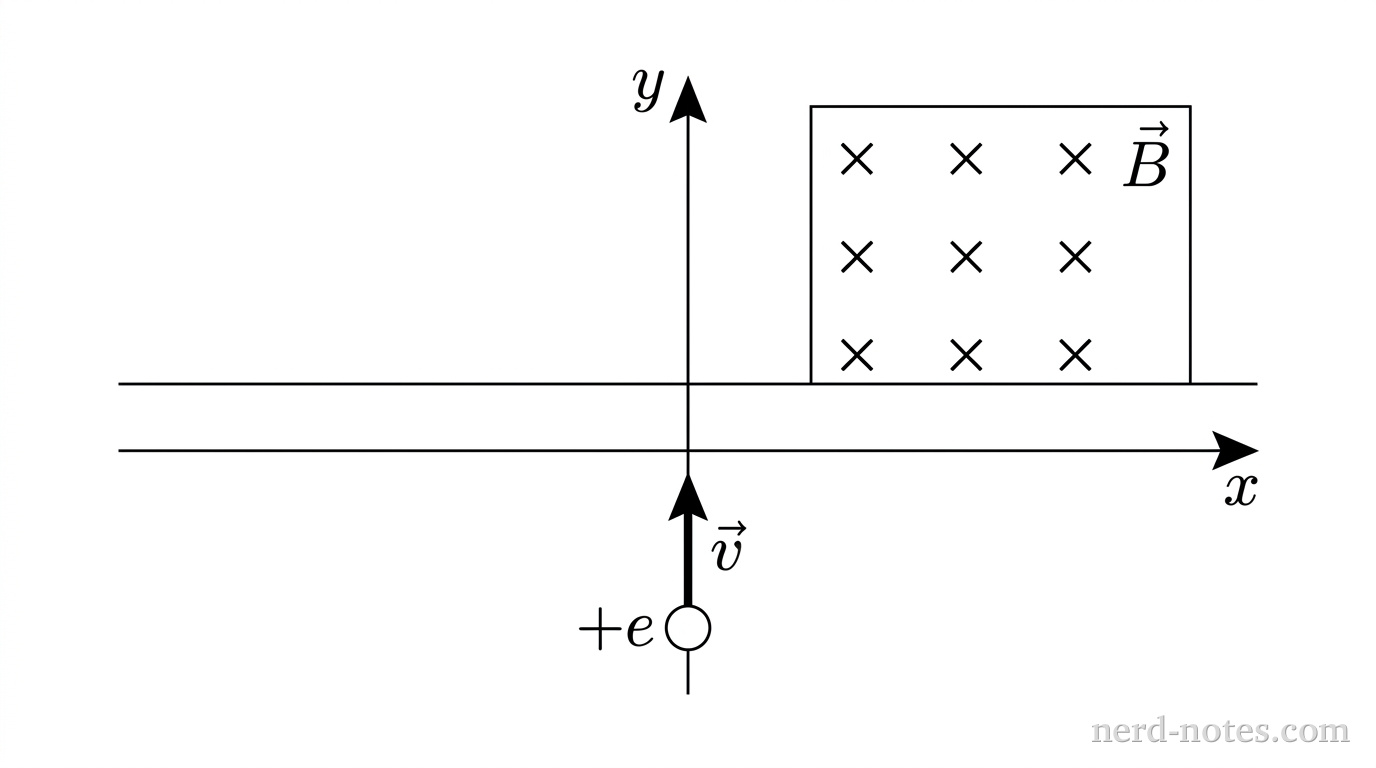 A coordinate system in the xy-plane where the x-axis points horizontally to the right and the y-axis points vertically upward, meeting at an origin. In the upper half-plane (y > 0), a rectangular bounded region contains a regular 3 by 3 grid of nine 'x' symbols, with a label \(\vec{B}\) in the upper-right corner. Below the region, on the y-axis at y < 0, a small circle labeled \(+e\) has a solid arrow pointing vertically upward along the y-axis toward the magnetic region, labeled \(\vec{v}\). No other labels, lines, text, or axes appear.