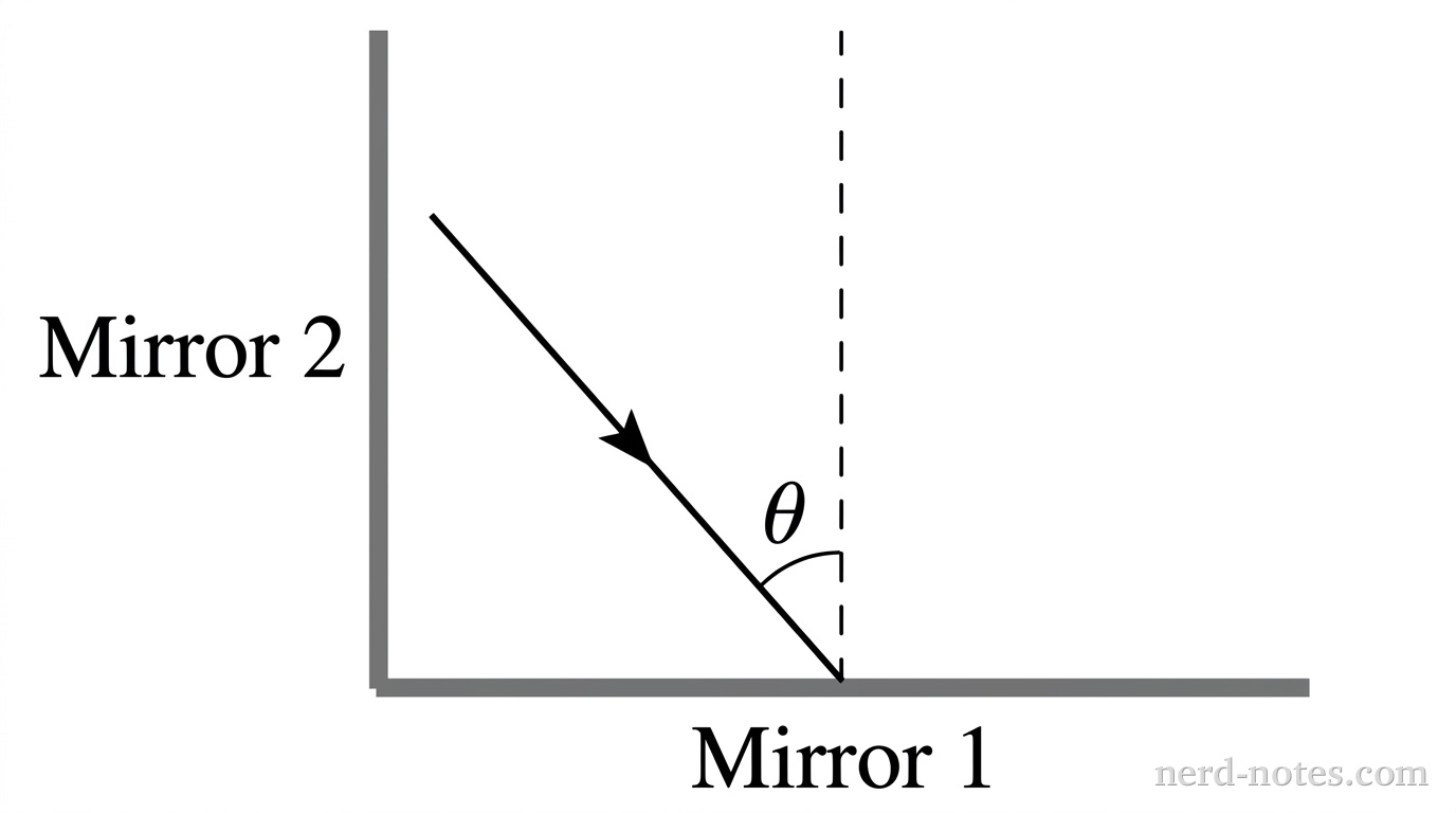 Two perpendicular thick gray line segments meet at the bottom-left corner to form a right angle: a horizontal segment labeled Mirror 1 along the bottom and a vertical segment labeled Mirror 2 along the left. A single straight solid line with an arrow pointing downward and to the left approaches Mirror 1. A vertical dashed normal line is drawn perpendicular to Mirror 1 at the point of contact, with the angle between the incoming ray and the vertical dashed line labeled \theta. No other labels, lines, text, or axes appear.