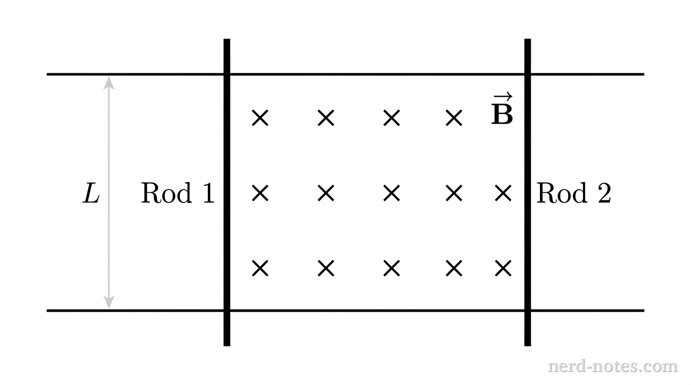 A top-down schematic view of two horizontal, parallel straight line segments representing rails separated vertically by a distance labeled \(L\). Two vertical thick line segments representing conducting rods span across the two rails, forming a closed rectangular region between them. The left rod is labeled 'Rod 1' and the right rod is labeled 'Rod 2'. An array of small cross symbols arranged in three rows of four spans the region, with the symbol \(\vec{B}\) positioned at the upper right. A dimension line with a double-ended vertical arrow indicates the rail separation \(L\). No other labels, lines, text, or axes appear.