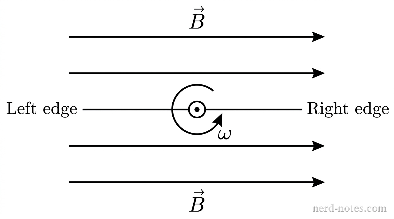 A top-down view schematic. A horizontal solid line segment represents the edge-on rectangular wire loop, centered on a central pivot point drawn as a circle with a central dot representing a vertical rotation axis. Three horizontal, parallel solid arrows labeled \vec{B} point to the right across the figure, spaced evenly. A curved counterclockwise arrow labeled \omega is drawn near the central pivot indicating counterclockwise rotation. The left end of the horizontal segment is labeled Left edge and the right end is labeled Right edge. No other labels, lines, text, or axes appear.