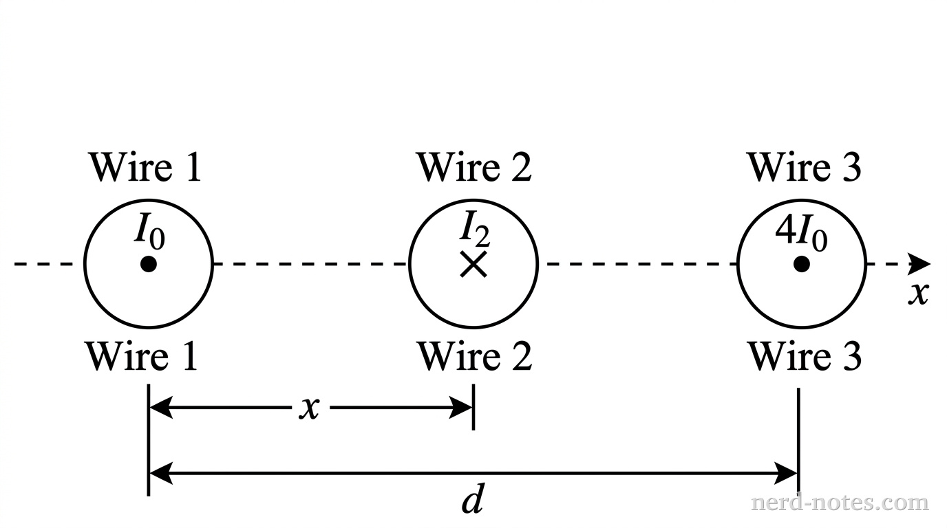 A horizontal dashed axis labeled x with an arrowhead pointing to the right. Three circular wire cross-sections lie along the axis. On the left at x = 0 is a circle labeled Wire 1 containing a solid dot, with current label I_0. On the right at distance d is a circle labeled Wire 3 containing a solid dot, with current label 4I_0. Between them at distance x from Wire 1 is a circle labeled Wire 2 containing an X, with current label I_2. A horizontal dimension line with arrows spans from Wire 1 to Wire 2 labeled x. A second horizontal dimension line with arrows spans from Wire 1 to Wire 3 labeled d. No other labels, lines, text, or axes appear.