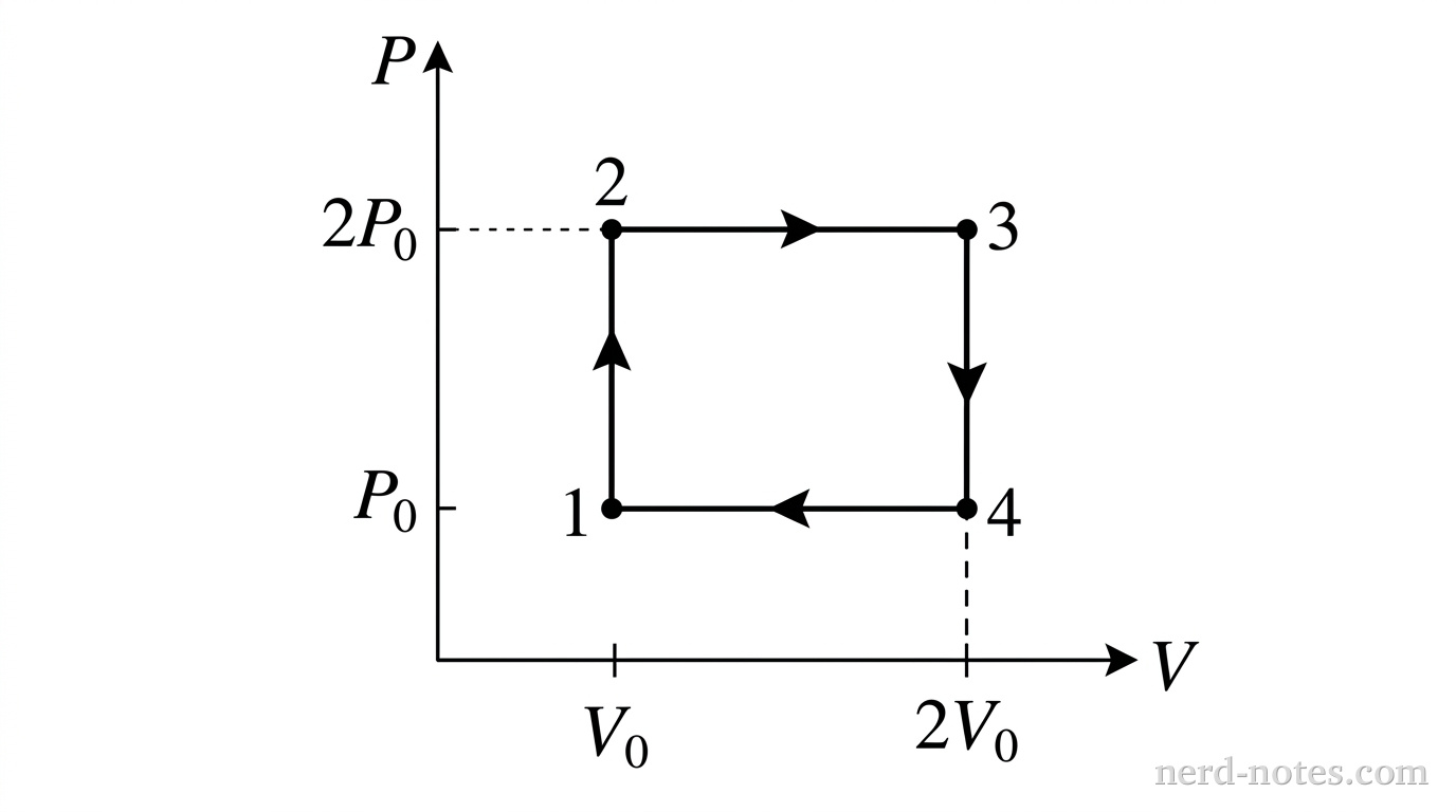 A Cartesian coordinate graph with a horizontal axis labeled V and a vertical axis labeled P. The horizontal axis has two labeled tick marks: V_0 and 2V_0. The vertical axis has two labeled tick marks: P_0 and 2P_0. A solid rectangular closed path connects four vertices in the first quadrant: state 1 at (V_0, P_0), state 2 at (V_0, 2P_0), state 3 at (2V_0, 2P_0), and state 4 at (2V_0, P_0). Clockwise arrows sit on the four segments: pointing upward from state 1 to state 2, pointing rightward from state 2 to state 3, pointing downward from state 3 to state 4, and pointing leftward from state 4 to state 1. Thin dashed vertical reference lines extend downward from 2V_0 to the horizontal axis, and thin dashed horizontal reference lines extend leftward from 2P_0 to the vertical axis. No other labels, curves, shading, or text appear.