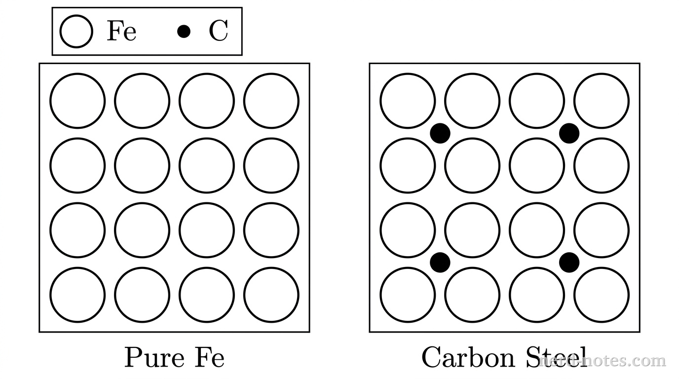 Two square panels appear side by side in grayscale. A top legend defines: large open circle = \(\text{Fe}\) atom; small solid black circle = \(\text{C}\) atom. The left panel, labeled Pure \(\text{Fe}\), shows exactly 16 large open circles arranged in a uniform \(4 \times 4\) planar array with straight, unbent horizontal and vertical rows. The right panel, labeled Carbon Steel, shows exactly 16 large open circles arranged in four rows, with exactly 2 small solid black circles situated in the interstitial spaces between rows; the presence of the small solid black circles causes visible local displacement and curvature of the adjacent rows of large open circles. No other particles, labels, text, or annotations appear.