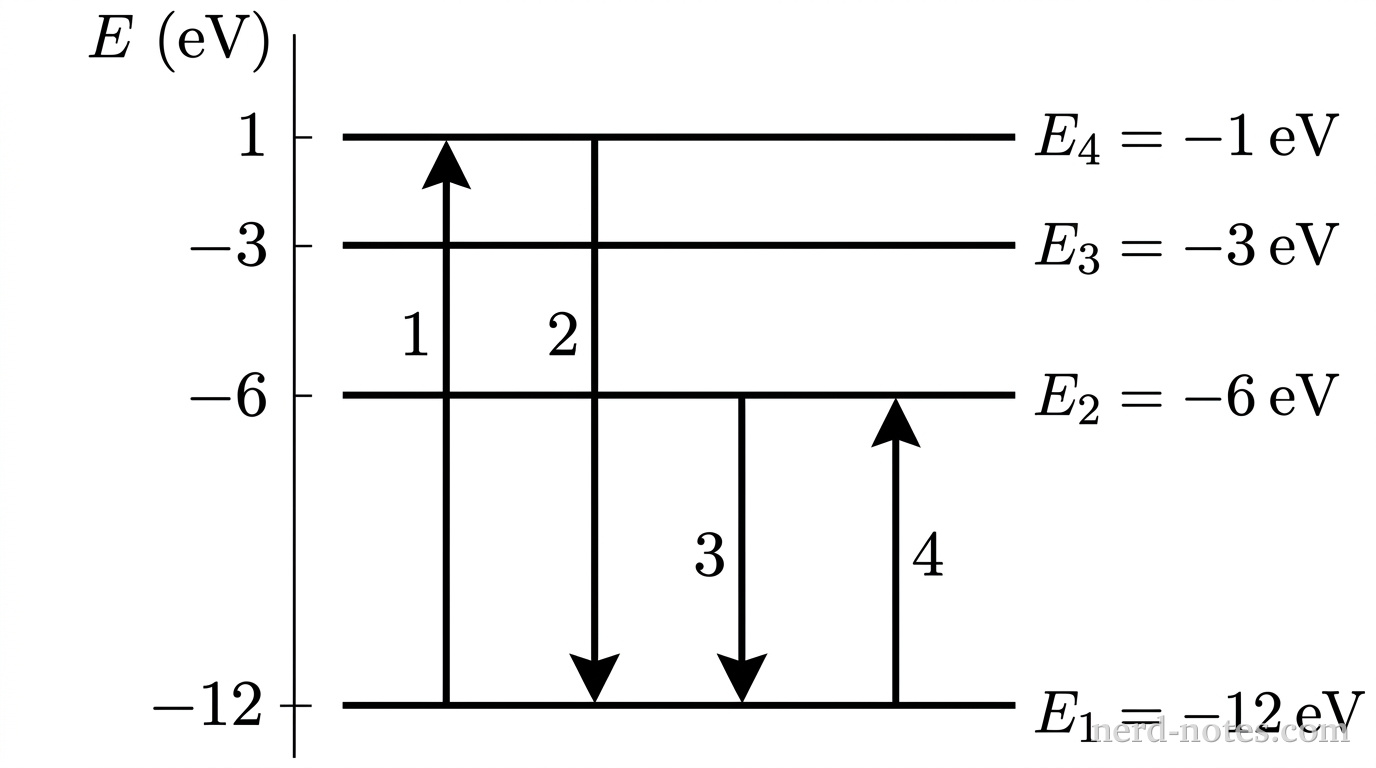 An energy-level diagram consisting of four horizontal line segments stacked vertically. A vertical axis on the left is labeled E in electron-volts. From bottom to top, the horizontal lines are labeled E_1 = -12\text{ eV}, E_2 = -6\text{ eV}, E_3 = -3\text{ eV}, and E_4 = -1\text{ eV}. The vertical spacing between lines reflects the energy differences. Four vertical arrows appear between levels. Arrow 1 starts at the E_1 level and points upward to the E_4 level, labeled 1. Arrow 2 starts at the E_4 level and points downward to the E_1 level, labeled 2. Arrow 3 starts at the E_2 level and points downward to the E_1 level, labeled 3. Arrow 4 starts at the E_1 level and points upward to the E_2 level, labeled 4. No other labels, lines, text, or axes appear.