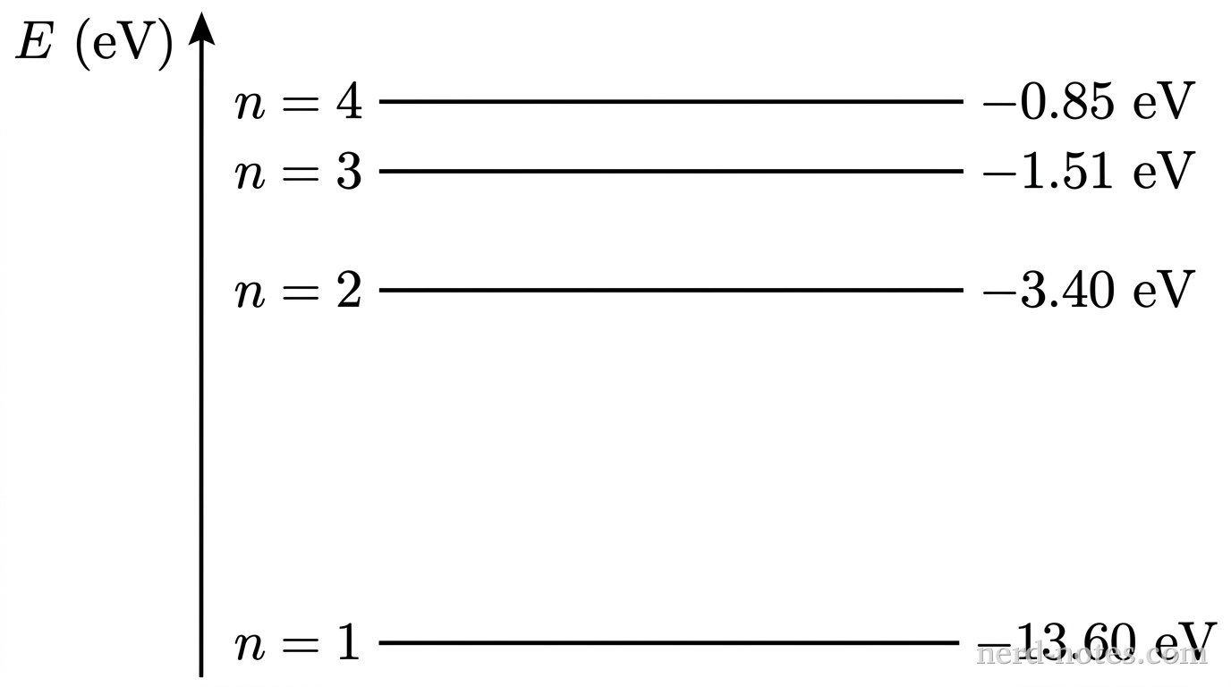A vertical energy axis on the left has an upward arrow labeled E\text{ (eV)}. Four horizontal solid line segments are drawn at different vertical heights across the plot area. The lowest line segment is labeled n = 1 on its left and -13.60\text{ eV} on its right. The second line segment from the bottom is labeled n = 2 on its left and -3.40\text{ eV} on its right. The third line segment is labeled n = 3 on its left and -1.51\text{ eV} on its right. The top line segment is labeled n = 4 on its left and -0.85\text{ eV} on its right. The vertical spacing between successive horizontal lines decreases noticeably from bottom to top. No other labels, lines, text, or axes appear.