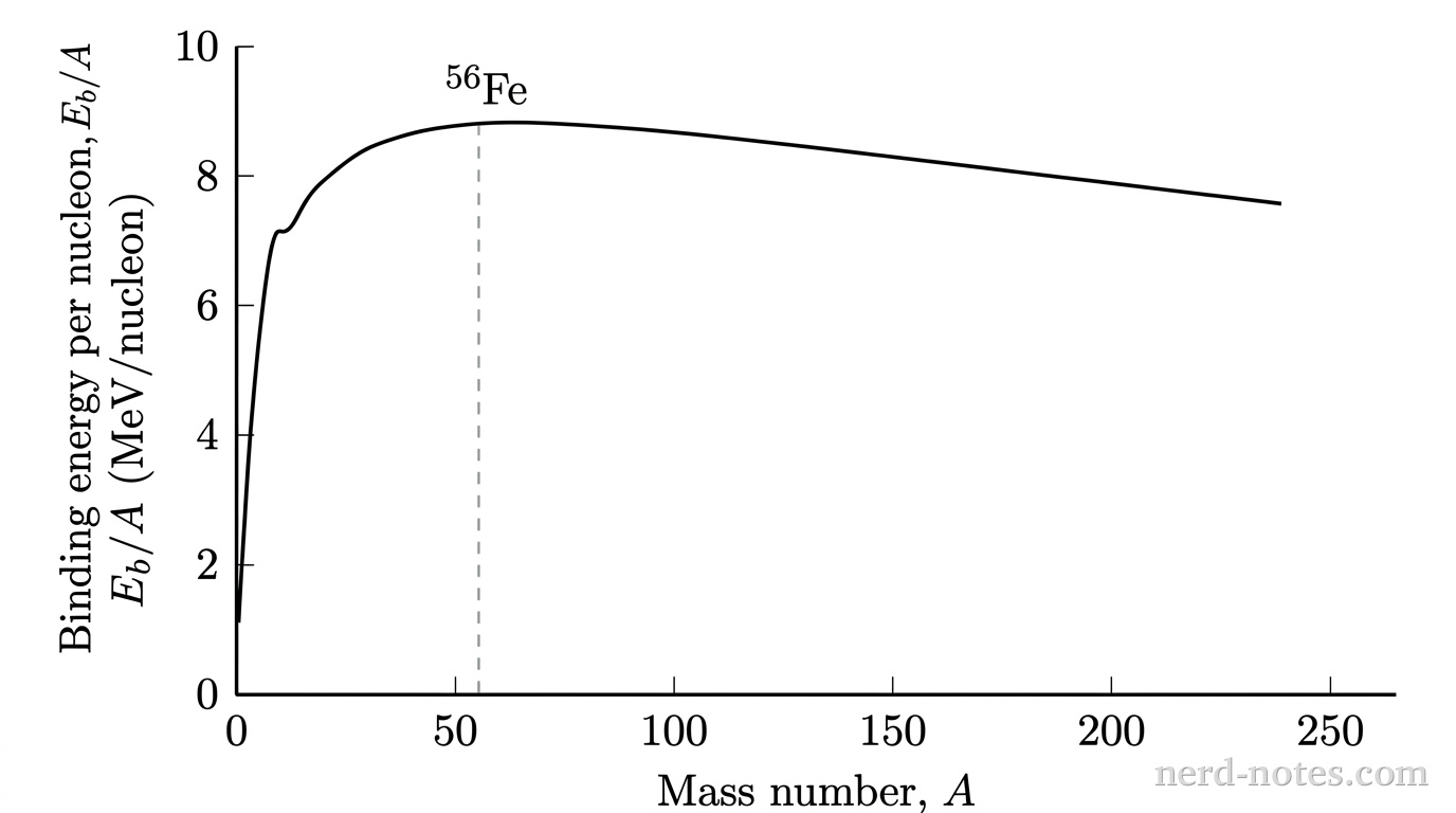 A 2D Cartesian graph with a horizontal axis labeled Mass number, A spanning from 0 to 260 with tick marks at 0, 50, 100, 150, 200, 250 and a vertical axis labeled Binding energy per nucleon, E_b / A (MeV/nucleon) spanning from 0 to 10 with tick marks at 0, 2, 4, 6, 8, 10. A smooth, solid curve begins near (1, 1.1), rises steeply through points near (4, 7.1) and (12, 7.7), reaches a peak at approximately (56, 8.8), and then gently decreases with a slight downward slope through (120, 8.5) and ends near (238, 7.6). A vertical dashed line extends from the horizontal axis at A = 56 up to the peak of the curve, labeled ^{56}Fe near the peak. No other labels, lines, text, or axes appear.