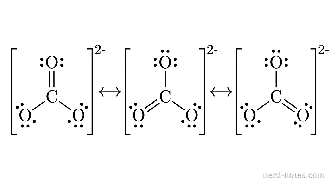 Three resonance Lewis structures of the carbonate ion arranged horizontally from left to right, separated by double-headed horizontal arrows. Each structure is enclosed in large square brackets with a 2- superscript at the top right. Each structure contains exactly 24 valence electrons and a central carbon atom with zero lone pairs. In the leftmost structure, the central C atom forms a double bond (two parallel line segments) to a top oxygen atom which has two lone pairs (four dots), a single bond (one line segment) to a lower-left oxygen atom with three lone pairs (six dots), and a single bond to a lower-right oxygen atom with three lone pairs (six dots). In the middle structure, the central C forms a single bond to the top oxygen (three lone pairs), a double bond to the lower-left oxygen (two lone pairs), and a single bond to the lower-right oxygen (three lone pairs). In the rightmost structure, the central C forms a single bond to the top oxygen (three lone pairs), a single bond to the lower-left oxygen (three lone pairs), and a double bond to the lower-right oxygen (two lone pairs). No lone pairs exist on any carbon atom. All elements and lines are rendered in black on a solid white background. No other particles, labels, text, or annotations appear.