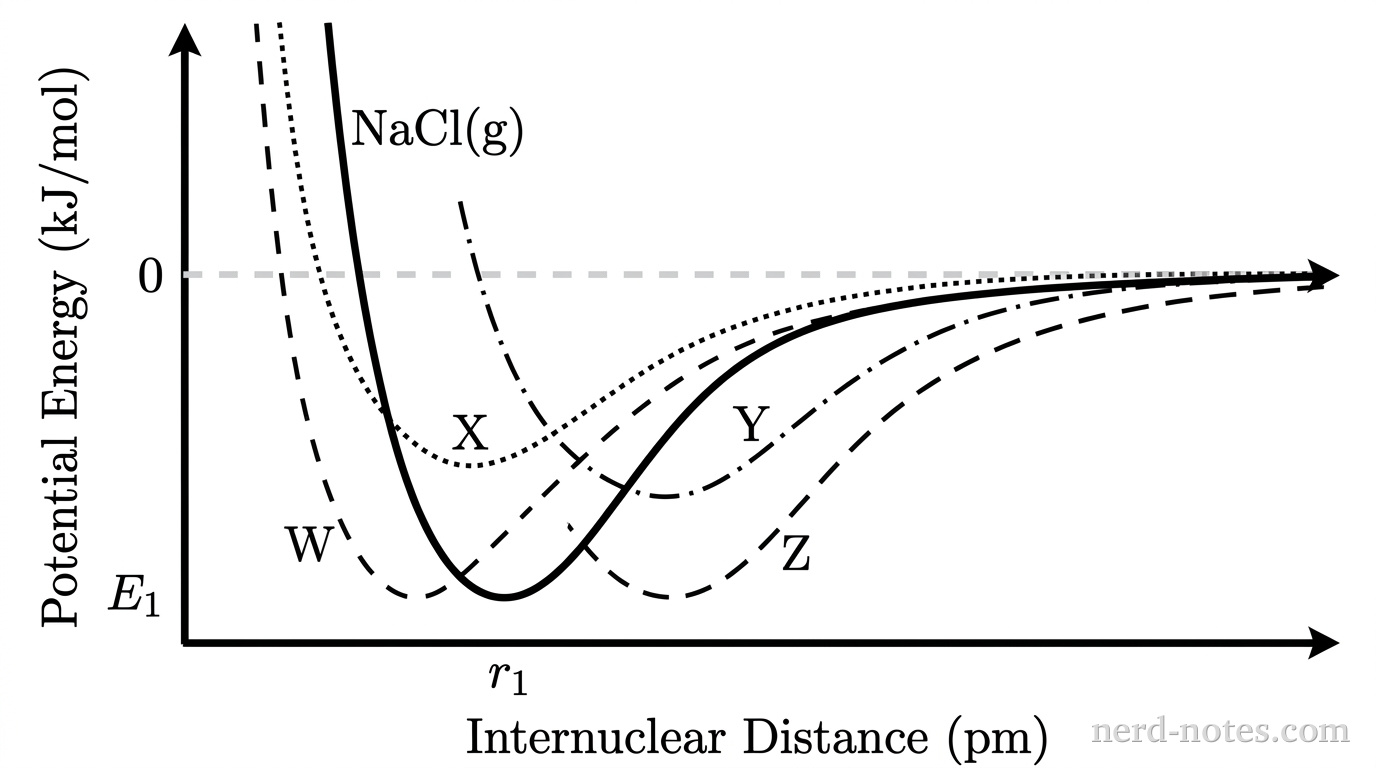 A grayscale potential energy plot with horizontal axis labeled Internuclear Distance (\(\text{pm}\)) and vertical axis labeled Potential Energy (\(\text{kJ/mol}\)). A horizontal dashed line indicates zero potential energy in the upper portion of the graph. A solid curve labeled \(\text{NaCl(g)}\) starts at high positive energy at small internuclear distance, drops steeply to a potential energy minimum at intermediate distance \(r_1\) and negative energy \(E_1\), and then asymptotically approaches the zero line as distance increases. Four labeled candidate curves appear with distinct minima: Curve W (dashed line) has its minimum to the left of and below \((r_1, E_1)\); Curve X (dotted line) has its minimum to the left of and above \((r_1, E_1)\); Curve Y (dash-dotted line) has its minimum to the right of and above \((r_1, E_1)\); Curve Z (short-dashed line) has its minimum to the right of and below \((r_1, E_1)\). All curves asymptotically approach zero potential energy at large internuclear distance. No other curves, data points, shaded regions, or annotations appear.
