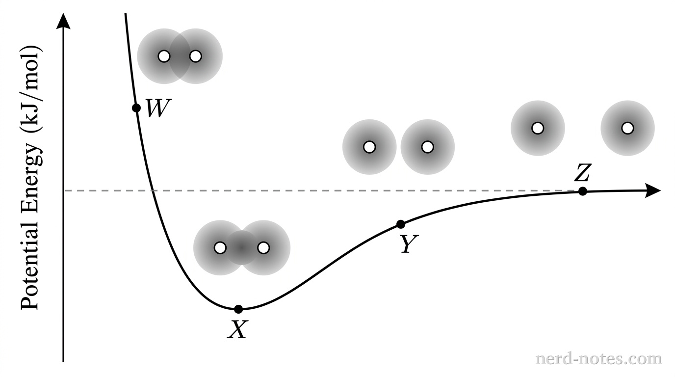 A grayscale plot shows potential energy on the vertical axis and internuclear distance on the horizontal axis with no gridlines. A horizontal dashed reference line marks zero potential energy. A solid curve begins at high positive potential energy at small internuclear distance, drops steeply across zero to reach a minimum well at point X in the negative energy region, and rises smoothly toward zero at large distance. Four points are labeled along the curve: point W on the steep positive slope at short distance; point X at the minimum well; point Y on the shallow negative slope at intermediate distance; and point Z on the flat asymptotic plateau at large distance. Above each labeled point, a particulate representation depicts two spherical hydrogen atoms: at W, two open circular nuclei are very close with overlapping shaded electron clouds; at X, two nuclei are at equilibrium bonding distance with shared shaded electron cloud between them; at Y, two atoms are slightly separated; at Z, two atoms are widely separated with no cloud overlap. No other lines, labels, text, or annotations appear.