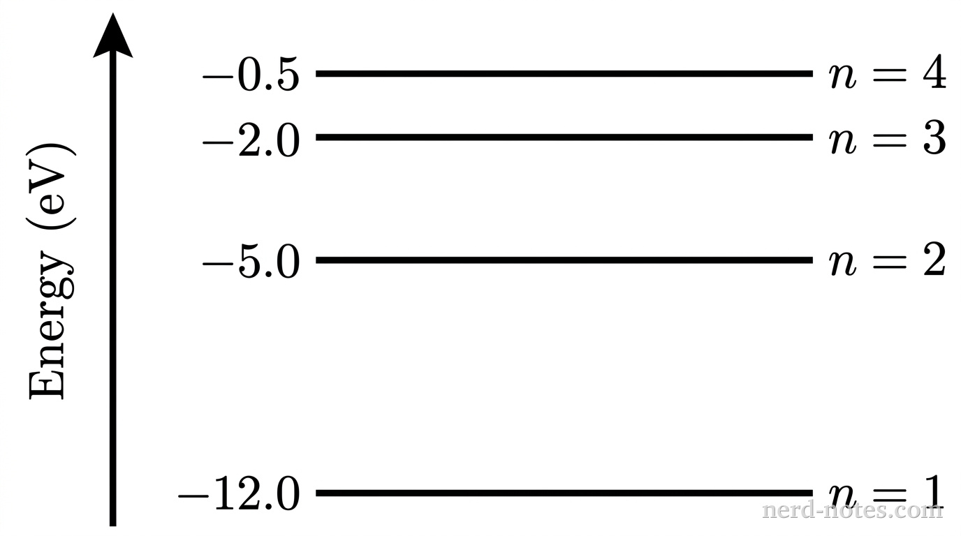An energy-level diagram with a vertical axis on the left labeled Energy (\text{eV}). Four horizontal solid line segments are drawn at heights corresponding to their energy values. The lowest horizontal line is labeled n = 1 at its right end and -12.0 at the left vertical axis. The second horizontal line is labeled n = 2 at its right end and -5.0 at the left axis. The third horizontal line is labeled n = 3 at its right end and -2.0 at the left axis. The highest horizontal line is labeled n = 4 at its right end and -0.5 at the left axis. The vertical spacing between lines is proportionally larger between lower levels. No other lines, arrows, text, or curves appear.