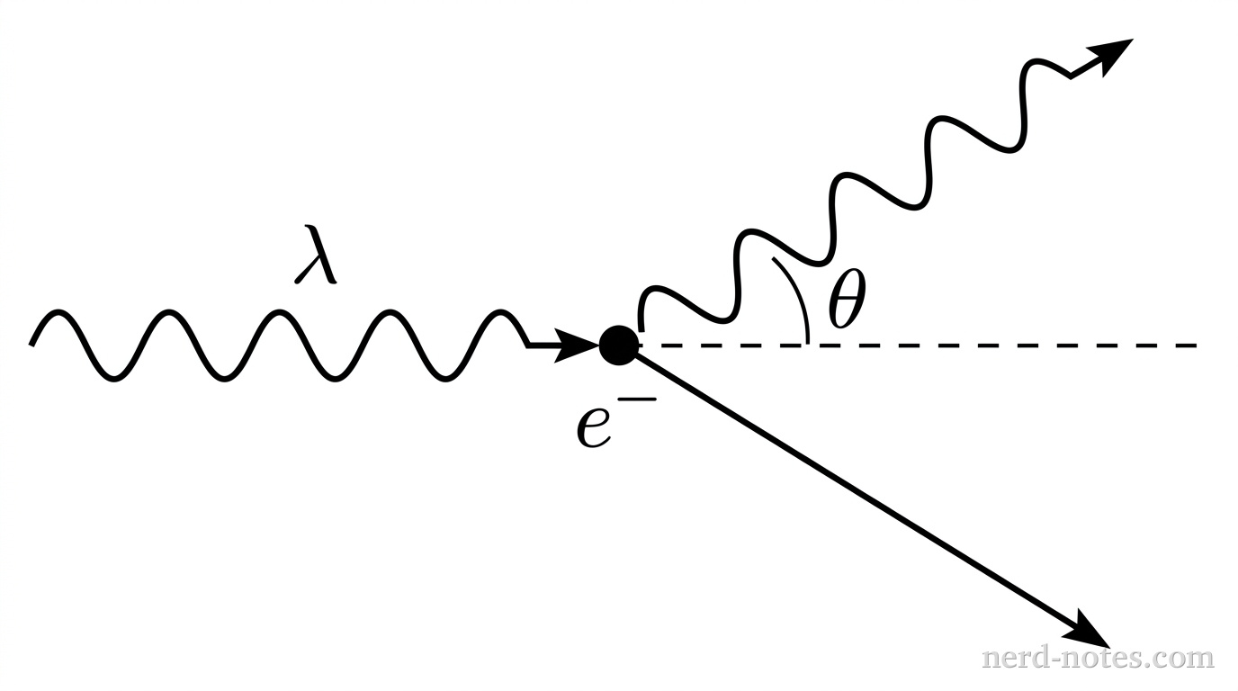A 2D schematic on a plain background showing a Compton collision. At the center sits a small filled circle labeled e^-. From the left, an incoming wavy arrow labeled \lambda points horizontally toward the electron. A horizontal dashed reference line extends to the right from the electron. A second wavy arrow representing the scattered photon extends from the electron upward and to the right at an angle labeled \theta relative to the horizontal dashed line. A straight solid arrow representing the recoiling electron extends from the electron downward and to the right. No other labels, lines, text, or axes appear.