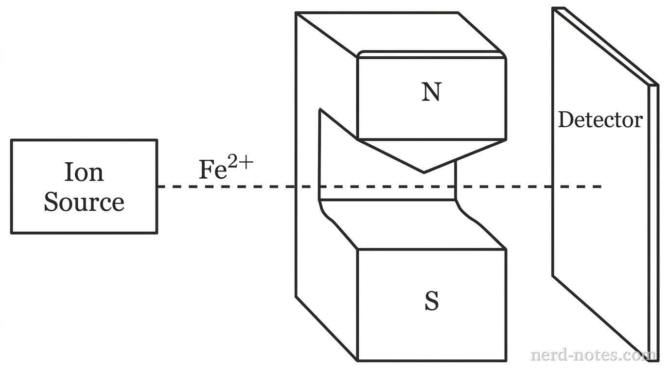 A schematic diagram of a magnetic deflection apparatus rendered in grayscale line art. On the left, a rectangular box is labeled 'Ion Source' from which a horizontal dashed line representing a beam of \(\text{Fe}^{2+}\) ions travels to the right. The beam passes through the gap between two magnetic pole pieces: an upper pole labeled '\(\text{N}\)' with a sharp wedge-shaped tip pointing downward, and a lower pole labeled '\(\text{S}\)' with a flat horizontal top surface, creating an inhomogeneous magnetic field. To the right of the magnet poles, a vertical rectangular plate is labeled 'Detector'. The dashed trajectory line continues horizontally through the magnet gap toward the detector. No other particles, labels, text, or annotations appear.
