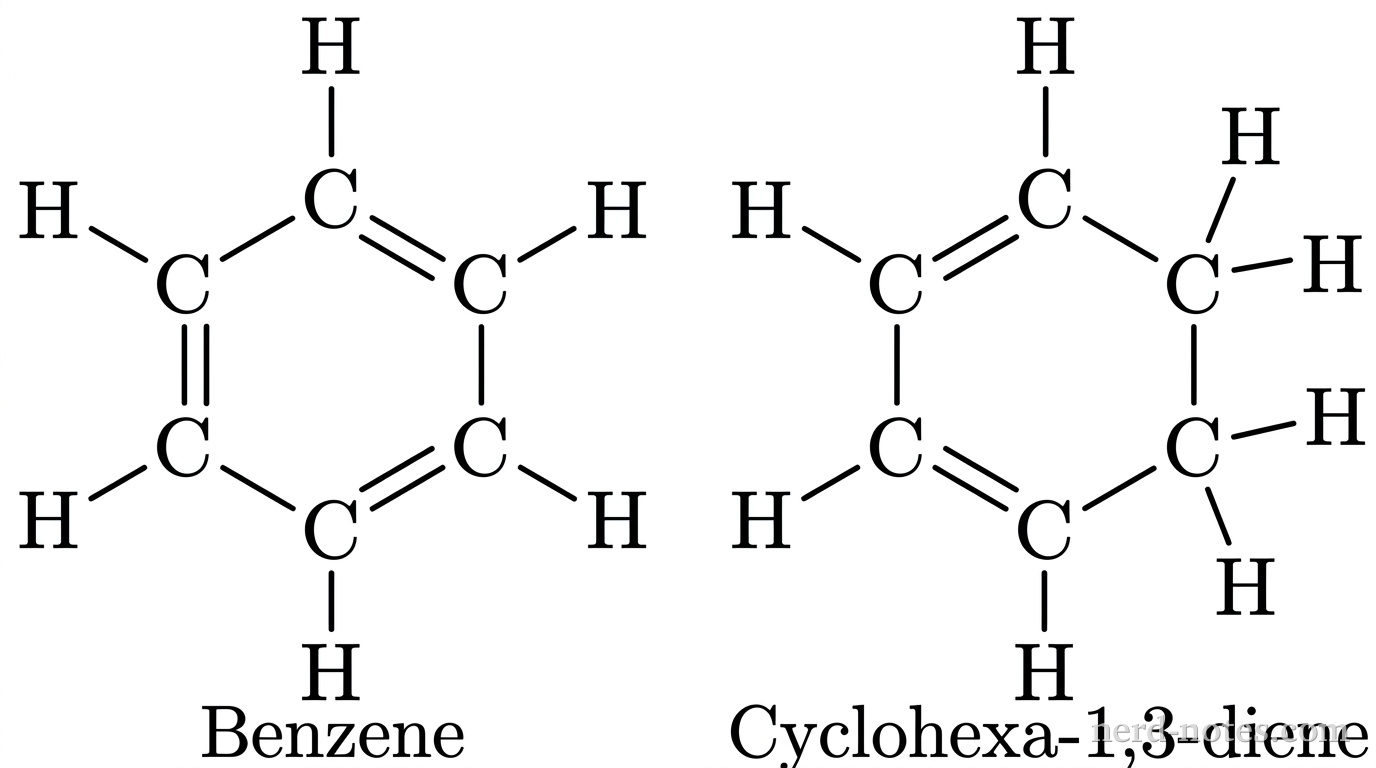 Two complete structural Lewis diagrams drawn side by side in black line art on a white background. On the left, a regular hexagonal ring of six \(\text{C}\) atoms representing benzene: three alternating single \(\text{C}-\text{C}\) bonds and three double \(\text{C}=\text{C}\) bonds form the ring. Each \(\text{C}\) atom is bonded to exactly one \(\text{H}\) atom via a single outward-pointing line, showing six \(\text{C}-\text{H}\) single bonds in total. Labeled 'Benzene' below the structure. On the right, a hexagonal ring of six \(\text{C}\) atoms representing cyclohexa-1,3-diene: two conjugated double \(\text{C}=\text{C}\) bonds and four single \(\text{C}-\text{C}\) bonds form the ring. Four \(\text{C}\) atoms each have one outward single bond to an \(\text{H}\) atom, and two adjacent \(\text{C}\) atoms each have two outward single bonds to two separate \(\text{H}\) atoms, showing eight \(\text{C}-\text{H}\) single bonds in total. Labeled 'Cyclohexa-1,3-diene' below the structure. No lone pairs, charges, or other annotations appear.