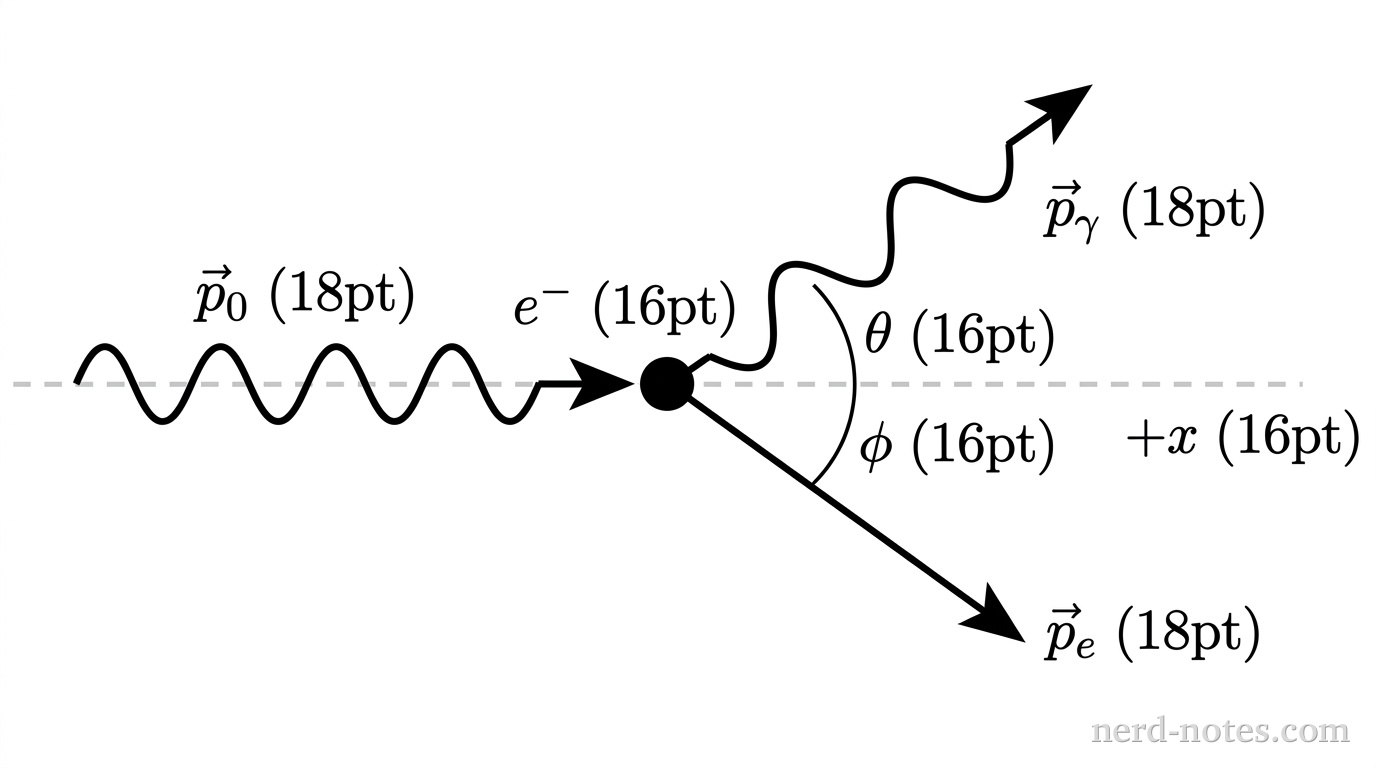 A schematic diagram of a Compton collision. On the left, a wavy arrow labeled \vec{p}_0 points horizontally to the right along a dashed horizontal reference line labeled +x. The arrow points toward a solid circular dot representing an electron labeled e^-. To the right of the dot, the dashed horizontal reference line continues. A wavy arrow labeled \vec{p}_\gamma extends upward and to the right from the dot at an angle \theta relative to the horizontal line. A straight arrow labeled \vec{p}_e extends downward and to the right from the dot at an angle \phi relative to the horizontal line. No other labels, lines, text, or axes appear.