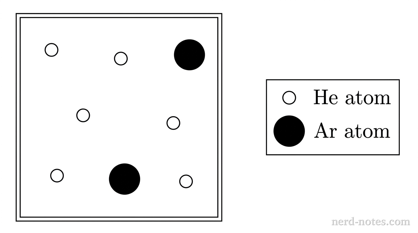 A single square box represents a cross section of a sealed rigid container. A legend to the right defines: small open circle = He atom; large filled circle = Ar atom. Inside the square boundary, there are exactly 6 small open circles and exactly 2 large filled circles, evenly dispersed throughout the interior space without touching each other or the boundaries. The 6 small open circles are positioned at coordinates roughly corresponding to upper-left, upper-middle, center-left, center-right, lower-left, and lower-right. The 2 large filled circles are positioned at roughly upper-right and lower-middle. No other particles, labels, text, or annotations appear.
