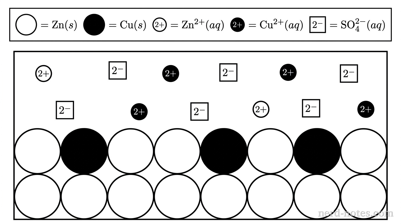 A grayscale particulate diagram showing a solid-liquid interface in a rectangular frame. A legend at the top defines five symbols: large open circle = \(\text{Zn}(s)\), large solid black circle = \(\text{Cu}(s)\), small open circle with internal label \(2+\) = \(\text{Zn}^{2+}(aq)\), small solid black circle with internal label \(2+\) = \(\text{Cu}^{2+}(aq)\), and open square with internal label \(2-\) = \(\text{SO}_4^{2-}(aq)\). The lower half of the frame represents the solid metal strip consisting of a two-row lattice of 12 closely packed large circles: the bottom row contains 6 large open circles, and the top surface row contains 4 large open circles and 2 large solid black circles. The upper half represents the aqueous solution containing exactly 2 small open circles with label \(2+\), exactly 4 small solid black circles with label \(2+\), and exactly 6 open squares with label \(2-\), all evenly dispersed. No other particles, labels, text, or annotations appear.