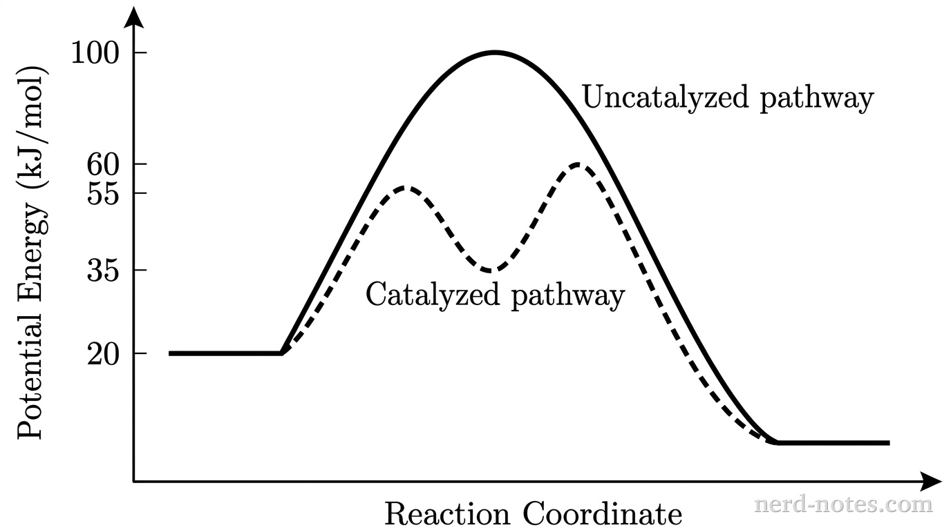 A reaction energy profile graph plotted on bare axes without gridlines. The vertical axis is labeled Potential Energy (kJ/mol) and the horizontal axis is labeled Reaction Coordinate. A flat horizontal plateau at 20 kJ/mol represents the reactants, and a flat horizontal plateau at 0 kJ/mol represents the products. A solid black curve labeled Uncatalyzed pathway rises from 20 kJ/mol to a single smooth peak at 100 kJ/mol before descending to 0 kJ/mol. A dashed black curve labeled Catalyzed pathway starts at 20 kJ/mol, rises to a first peak at 55 kJ/mol, dips to a shallow local minimum at 35 kJ/mol, rises to a second peak at 60 kJ/mol, and descends to 0 kJ/mol. No other lines, labels, shaded regions, or annotations appear.