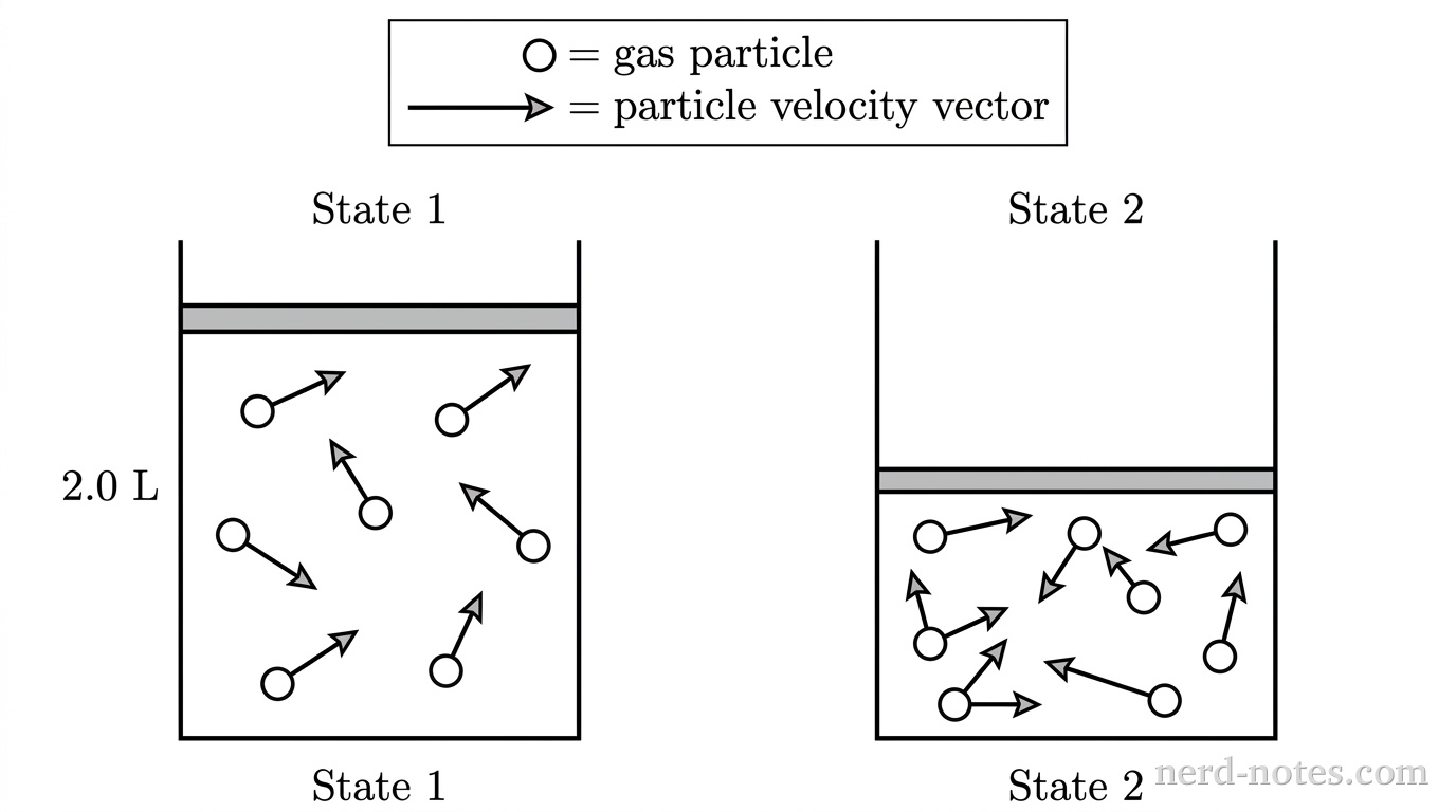 A two-panel grayscale diagram titled State 1 and State 2. A legend indicates: open circle = gas particle, straight arrow = particle velocity vector. State 1 shows a tall rectangular cylinder of volume \(2.0\text{ L}\) with a horizontal piston near the top. Inside State 1, there are exactly 6 open circles evenly distributed; each circle has an attached straight arrow of uniform length \(1.0\text{ cm}\) pointing in random directions. State 2 shows the identical cylinder with the piston positioned at half the original height, enclosing a volume of \(1.0\text{ L}\). Inside State 2, there are exactly 6 open circles evenly distributed in the smaller space; each circle has an attached straight arrow of the same uniform length \(1.0\text{ cm}\) pointing in random directions. The cylinder walls and piston are drawn with solid black lines. No other particles, labels, text, or annotations appear.