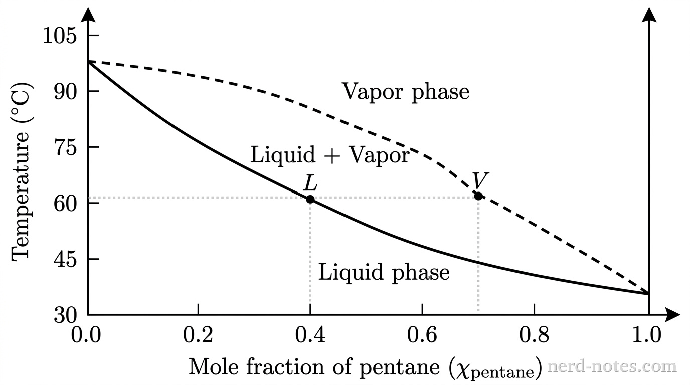 A 2D Cartesian graph with axes labeled in grayscale. The horizontal axis is labeled Mole fraction of pentane (\(\chi_{\text{pentane}}\)) with linear tick marks at 0.0, 0.2, 0.4, 0.6, 0.8, and 1.0. The vertical axis is labeled Temperature (\(^\circ\text{C}\)) with linear tick marks at 30, 45, 60, 75, 90, and 105. Two distinct curves span from (0.0, 98) to (1.0, 36). The lower curve is a solid line labeled Liquid phase below it. The upper curve is a dashed line labeled Vapor phase above it. The region between the two curves is labeled Liquid + Vapor. A horizontal dotted tie-line at 62 degrees Celsius connects a marked point L on the solid curve at (0.40, 62) to a marked point V on the dashed curve at (0.70, 62). Vertical dotted drop-lines extend down from point L to 0.40 and from point V to 0.70 on the horizontal axis. No other particles, labels, text, or annotations appear.