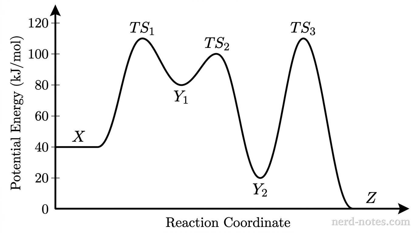 A grayscale reaction energy profile plotted on a two-dimensional Cartesian plane. The horizontal axis is labeled 'Reaction Coordinate' and has no numerical ticks. The vertical axis is labeled 'Potential Energy (kJ/mol)' with numerical tick marks at 0, 20, 40, 60, 80, 100, and 120. A single continuous solid black curve depicts a three-step mechanism: the curve begins with a flat plateau at 40 labeled '\( \text{X} \)', rises to a first smooth peak at 110 labeled '\( \text{TS}_1 \)', descends to a local minimum at 80 labeled '\( \text{Y}_1 \)', rises to a second peak at 100 labeled '\( \text{TS}_2 \)', descends to a second local minimum at 20 labeled '\( \text{Y}_2 \)', rises to a third peak at 110 labeled '\( \text{TS}_3 \)', and descends to a final flat plateau at 0 labeled '\( \text{Z} \)'. No other curves, gridlines, labels, text, or annotations appear.