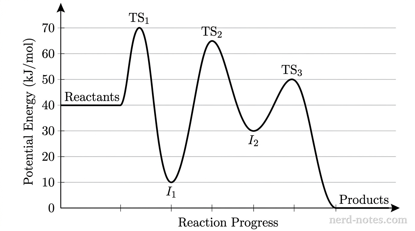 A potential energy profile graph is displayed on a grayscale coordinate system. The vertical axis is labeled 'Potential Energy (kJ/mol)' with horizontal gridlines and numeric ticks at 0, 10, 20, 30, 40, 50, 60, and 70. The horizontal axis is labeled 'Reaction Progress'. A single solid black curve represents the three-step pathway: it starts at a horizontal plateau at 40 kJ/mol labeled 'Reactants', rises to a first maximum at 70 kJ/mol labeled 'TS_1', descends to a first minimum at 10 kJ/mol labeled 'I_1', rises to a second maximum at 65 kJ/mol labeled 'TS_2', descends to a second minimum at 30 kJ/mol labeled 'I_2', rises to a third maximum at 50 kJ/mol labeled 'TS_3', and finally descends to a horizontal plateau at 0 kJ/mol labeled 'Products'. No other curves, labels, text, or annotations appear.