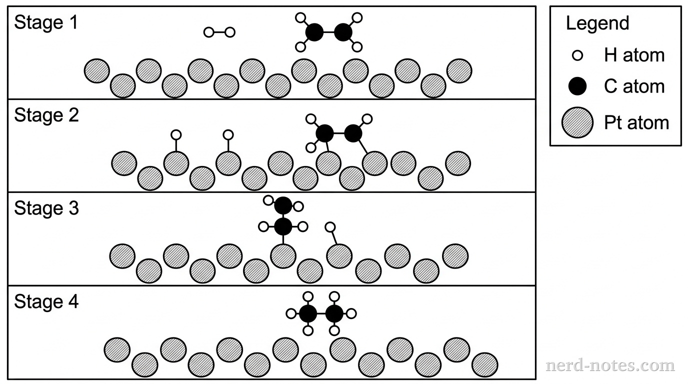 A diagram with four horizontal panels labeled Stage 1, Stage 2, Stage 3, and Stage 4. A legend maps: small open circle = H atom, medium filled black circle = C atom, large gray hatched circle = Pt atom. In each panel, the bottom contains a catalyst slab of exactly 12 Pt atoms in two rows of 6. Stage 1 shows one separate H2 molecule (two bonded open circles) and one C2H4 molecule (two bonded black circles, each with two open circles) in the space above the slab. Stage 2 shows two dissociated open circles bonded to adjacent surface Pt atoms, and the two black circles of C2H4 bonded to adjacent surface Pt atoms. Stage 3 shows a C2H5 group bonded to one surface Pt atom and one open circle bonded to an adjacent Pt atom. Stage 4 shows one intact C2H6 molecule above the bare Pt surface. No other particles, labels, text, or annotations appear.