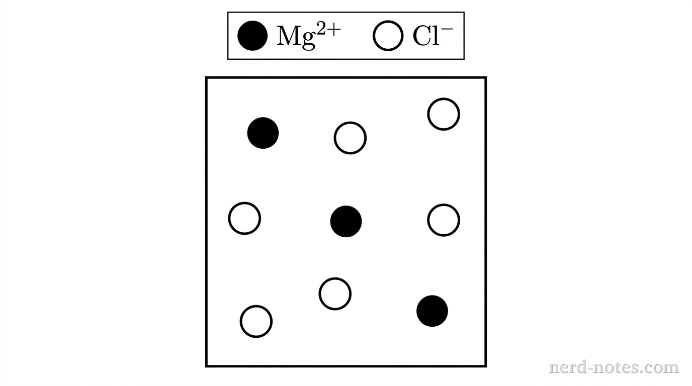 A single square diagram container representing a fixed sample volume of an aqueous solution. At the top, a legend defines two symbols: a filled black circle represents \(\text{Mg}^{2+}\) and an open white circle with a solid black outline represents \(\text{Cl}^-\). Inside the square boundary, exactly 3 filled black circles and exactly 6 open white circles are dispersed throughout the area. One filled circle is positioned in the upper-left quadrant, one in the center, and one in the lower-right quadrant. The six open circles are distributed uniformly in the surrounding spaces between the filled circles, with none touching each other or the container walls. Solvent water molecules are omitted for clarity. No other particles, lines, labels, text, or annotations appear.