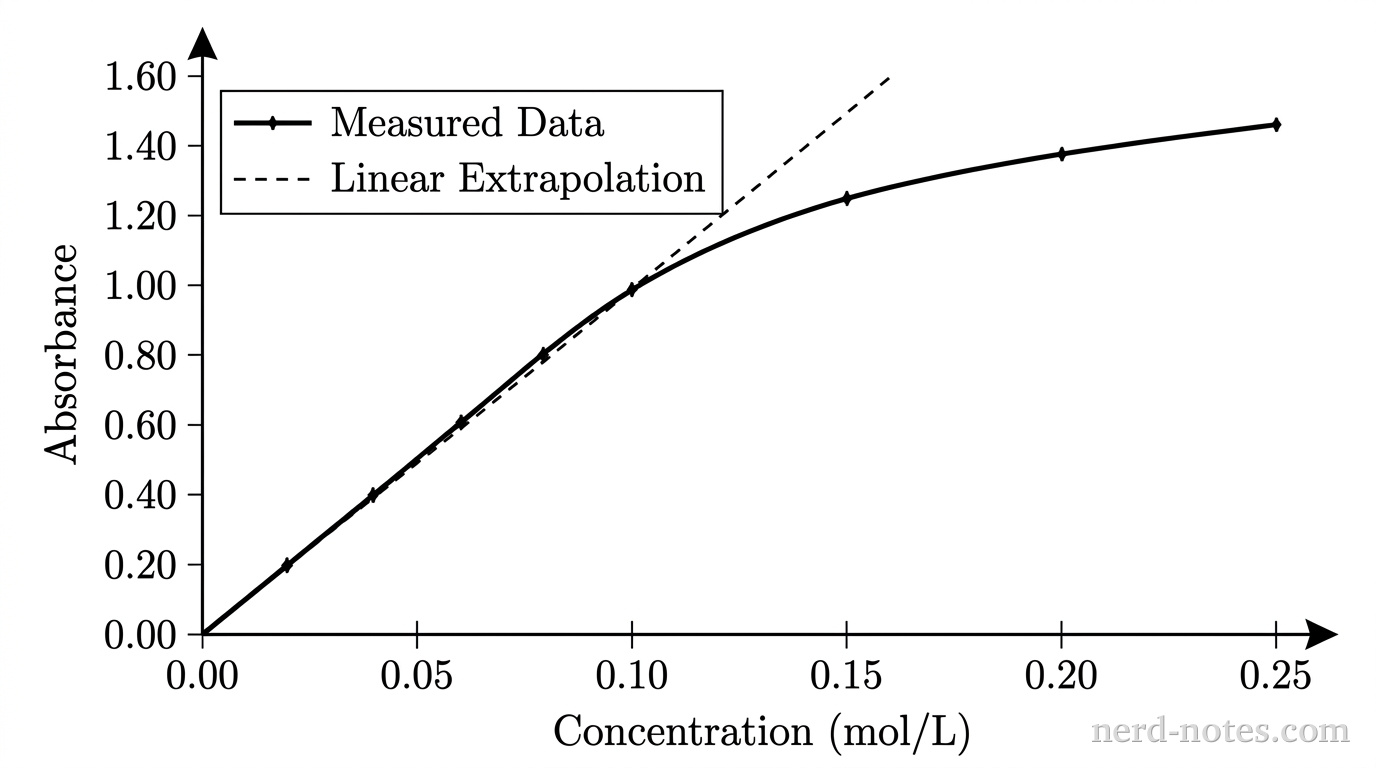A Cartesian coordinate graph titled 'Absorbance vs. Concentration at 810 nm'. The horizontal x-axis is labeled 'Concentration (mol/L)' and ranges from 0.00 to 0.25 with labeled tick marks at intervals of 0.05 (0.00, 0.05, 0.10, 0.15, 0.20, 0.25). The vertical y-axis is labeled 'Absorbance' and ranges from 0.00 to 1.60 with labeled tick marks at intervals of 0.20 (0.00, 0.20, 0.40, 0.60, 0.80, 1.00, 1.20, 1.40, 1.60). A solid curve passes through the origin (0.00, 0.00) and connects data points at (0.02, 0.20), (0.04, 0.40), (0.06, 0.60), (0.08, 0.80), (0.10, 1.00), (0.15, 1.25), (0.20, 1.38), and (0.25, 1.45). The solid curve is linear up to 0.10 mol/L, then curves downward with decreasing slope above 0.10 mol/L. A dashed straight line extends from (0.00, 0.00) through (0.10, 1.00) to (0.16, 1.60). A legend in the upper left indicates the solid curve with points as 'Measured Data' and the dashed line as 'Linear Extrapolation'. No other text, markers, or annotations appear.