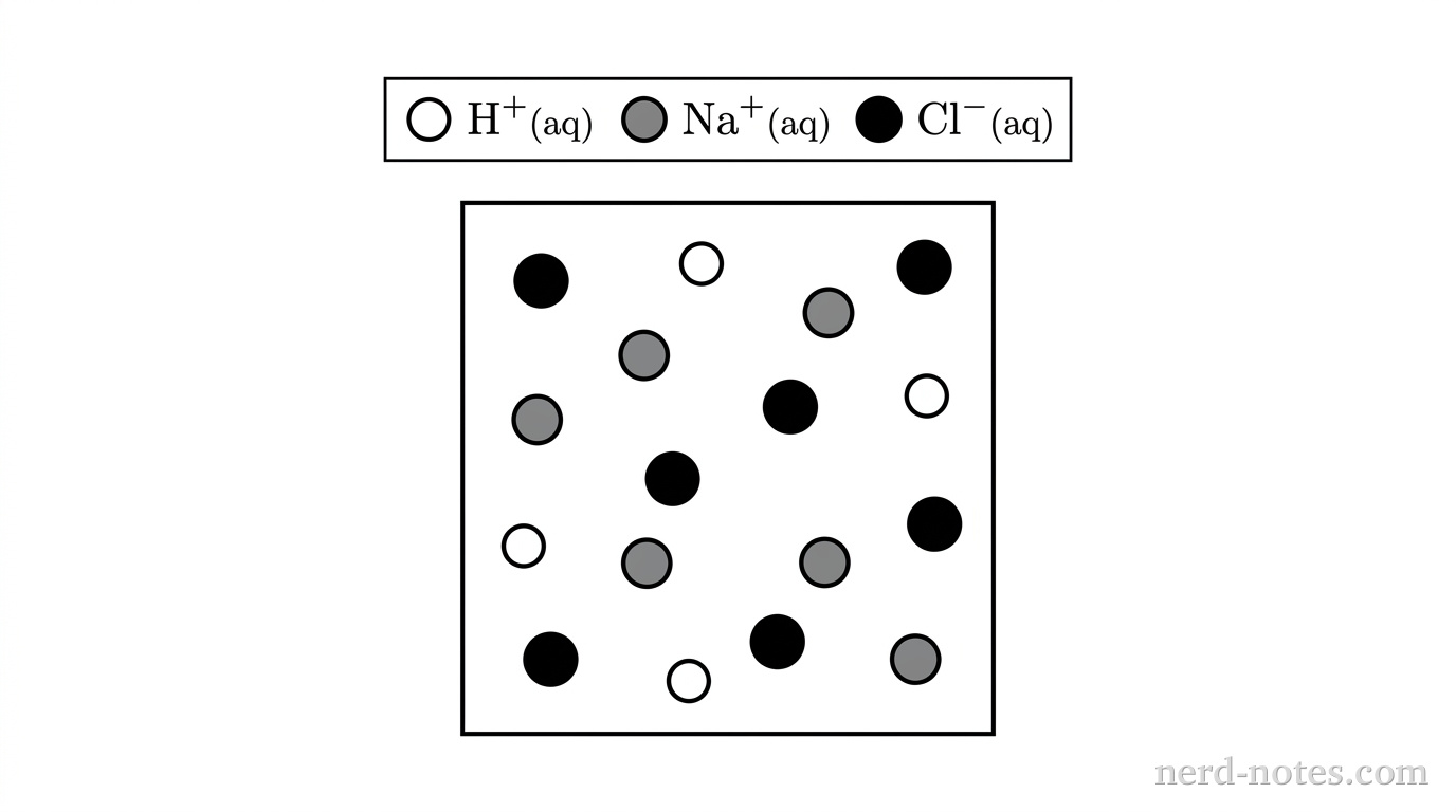 A single square box represents a microscopic cross-section of the titration solution with a legend placed directly above it. The legend defines three symbols: an open white circle with a black border represents \(\text{H}^+\text{(aq)}\); a solid gray circle represents \(\text{Na}^+\text{(aq)}\); and a solid black circle represents \(\text{Cl}^-\text{(aq)}\). Inside the square container, there are exactly 12 total particles distributed uniformly: exactly 6 solid black circles (\(\text{Cl}^-\)), exactly 3 solid gray circles (\(\text{Na}^+\)), and exactly 3 open white circles (\(\text{H}^+\)). The particles are dispersed without overlapping or forming clusters. No solvent water molecules, hydroxide ions, bonds, charges inside the circles, or additional text annotations appear inside or outside the box.
