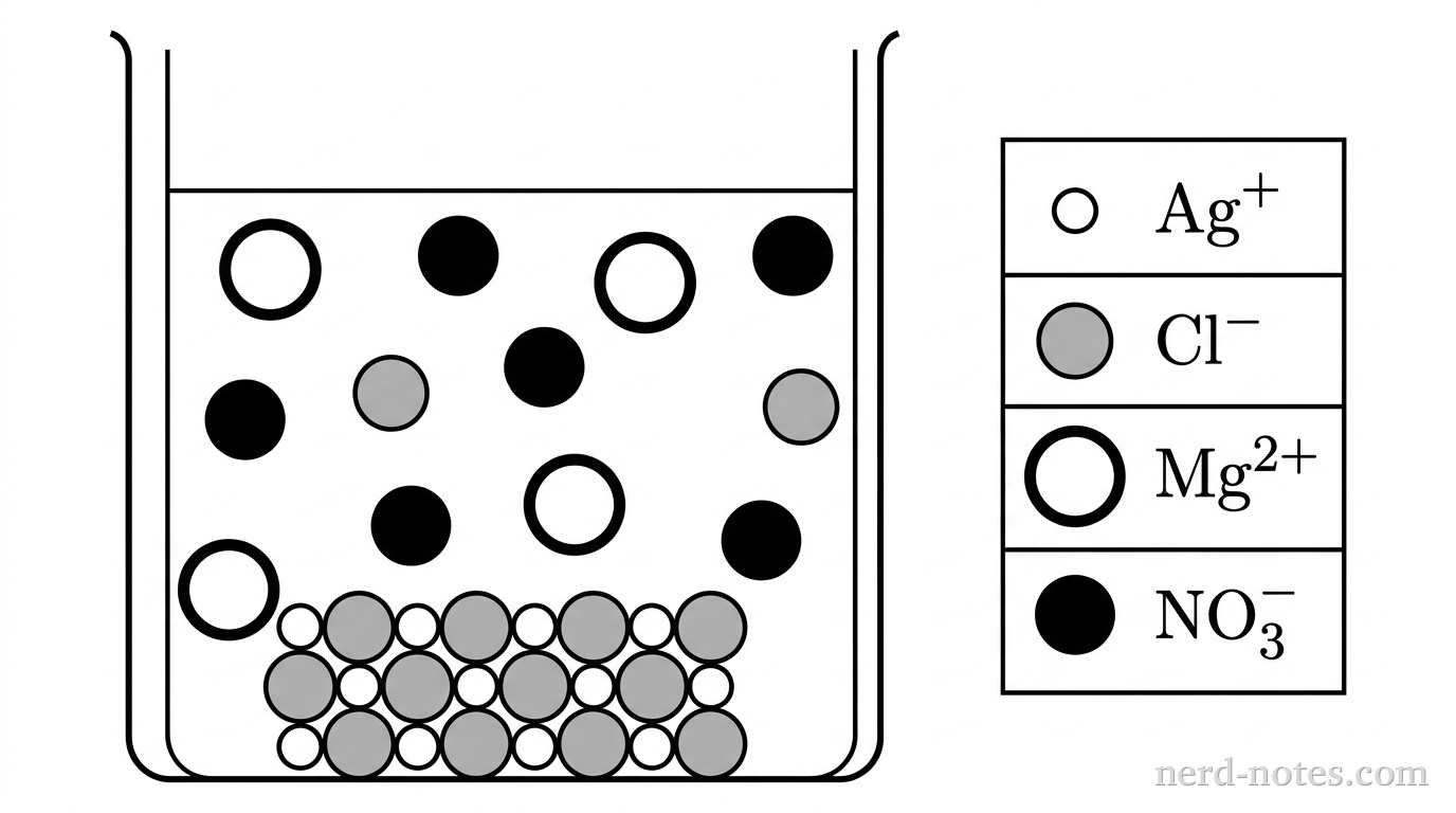 A single rectangular beaker representing an aqueous reaction mixture. A legend to the right defines four particle types: small open circle = \(\text{Ag}^+\), medium shaded circle = \(\text{Cl}^-\), large open circle with thick border = \(\text{Mg}^{2+}\), and large solid black circle = \(\text{NO}_3^-\). In the liquid solution area of the beaker, there are exactly 4 large open circles with thick borders, exactly 6 large solid black circles, and exactly 2 medium shaded circles, evenly dispersed. At the bottom of the beaker, a solid precipitate is shown as a tightly packed lattice consisting of exactly 6 small open circles and exactly 6 medium shaded circles in alternating contact. No other particles, labels, text, or annotations appear.