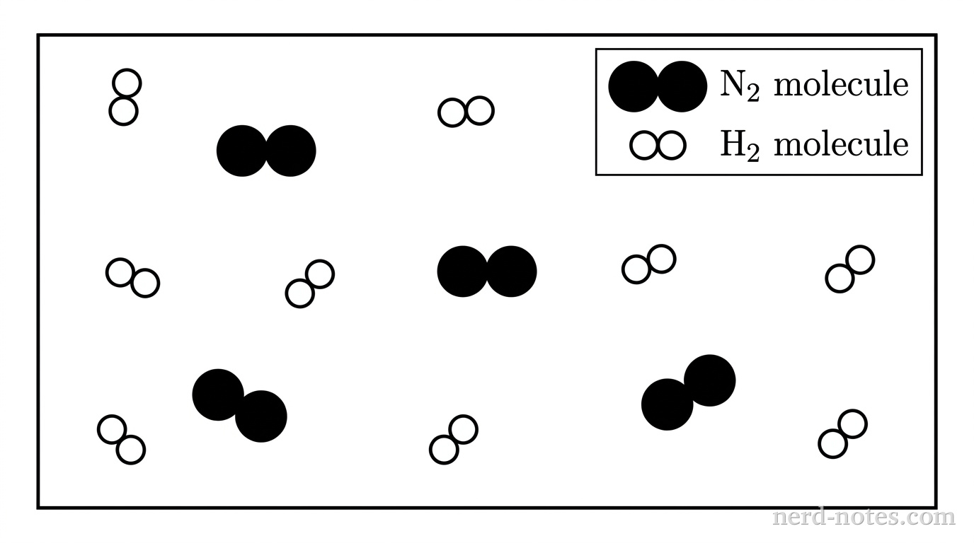 A rectangular box representing a sealed reaction container. A legend in the upper-right corner indicates: two bonded large solid-black circles represent an \(\text{N}_2\) molecule; two bonded small open-white circles represent an \(\text{H}_2\) molecule. Inside the container, there are exactly \(3\) \(\text{N}_2\) molecules and exactly \(6\) \(\text{H}_2\) molecules, dispersed evenly throughout the interior space. No other particles, labels, text, or annotations appear.