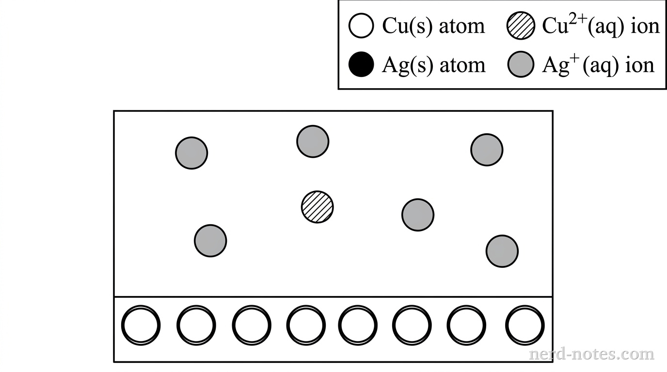 A rectangular container represents an interface with a solid phase at the bottom and an aqueous solution above. A legend at the top right defines: open circle = \(\text{Cu(s)}\) atom, solid black circle = \(\text{Ag(s)}\) atom, hatched circle = \(\text{Cu}^{2+}\text{(aq)}\) ion, gray-filled circle = \(\text{Ag}^+\text{(aq)}\) ion. The bottom solid region contains a single ordered horizontal layer of exactly 6 open circles. The upper solution region contains exactly 6 gray-filled circles, distributed randomly. No other particles, labels, text, or annotations appear.