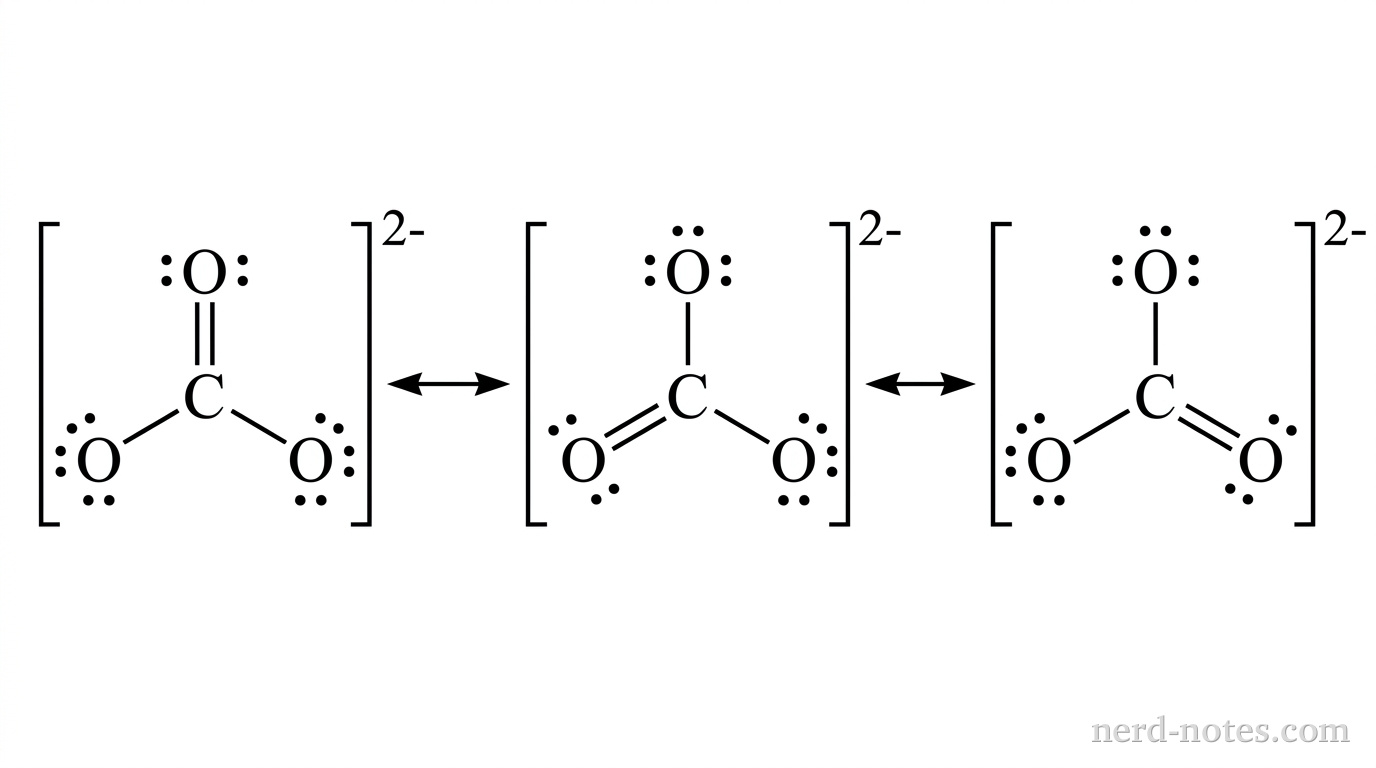 A horizontal arrangement of three Lewis resonance structures for \(\text{CO}_3^{2-}\) separated by two double-headed horizontal arrows. Each structure contains 24 valence electrons enclosed in square brackets with a \(2-\text{ superscript}\) at the top right. In structure 1, central \(\text{C}\) has no lone pairs; it forms a vertical double bond upward to an \(\text{O}\) atom with 2 lone pairs (one top, one right; no lone pairs on left or bottom of this \(\text{O}\)), a single bond down-left to an \(\text{O}\) atom with 3 lone pairs (top, left, bottom), and a single bond down-right to an \(\text{O}\) atom with 3 lone pairs (top, right, bottom). In structure 2, the double bond is directed down-left to the \(\text{O}\) with 2 lone pairs, while the top and down-right \(\text{O}\) atoms each have single bonds and 3 lone pairs. In structure 3, the double bond is directed down-right to the \(\text{O}\) with 2 lone pairs, while the top and down-left \(\text{O}\) atoms each have single bonds and 3 lone pairs. All structures show \(120^\circ\) bond angles. No other particles, labels, text, or annotations appear.
