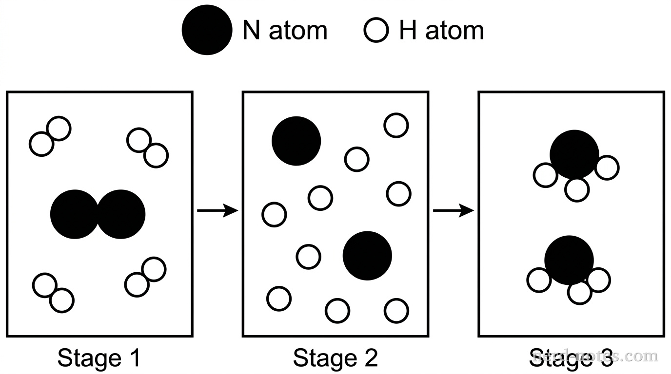 A grayscale diagram with three side-by-side rectangular boxes labeled Stage 1, Stage 2, and Stage 3 from left to right, with horizontal rightward arrows connecting Stage 1 to Stage 2 and Stage 2 to Stage 3. A legend at the top maps: large solid black sphere = N atom; small open white sphere = H atom. The Stage 1 box contains exactly one diatomic molecule consisting of two touching large solid black spheres and three separate diatomic molecules each consisting of two touching small open white spheres. The Stage 2 box contains exactly two unbonded large solid black spheres and exactly six unbonded small open white spheres distributed evenly without touching. The Stage 3 box contains exactly two separate ammonia molecules, each consisting of one central large solid black sphere touching three small open white spheres in a trigonal arrangement. No other particles, labels, text, or annotations appear.