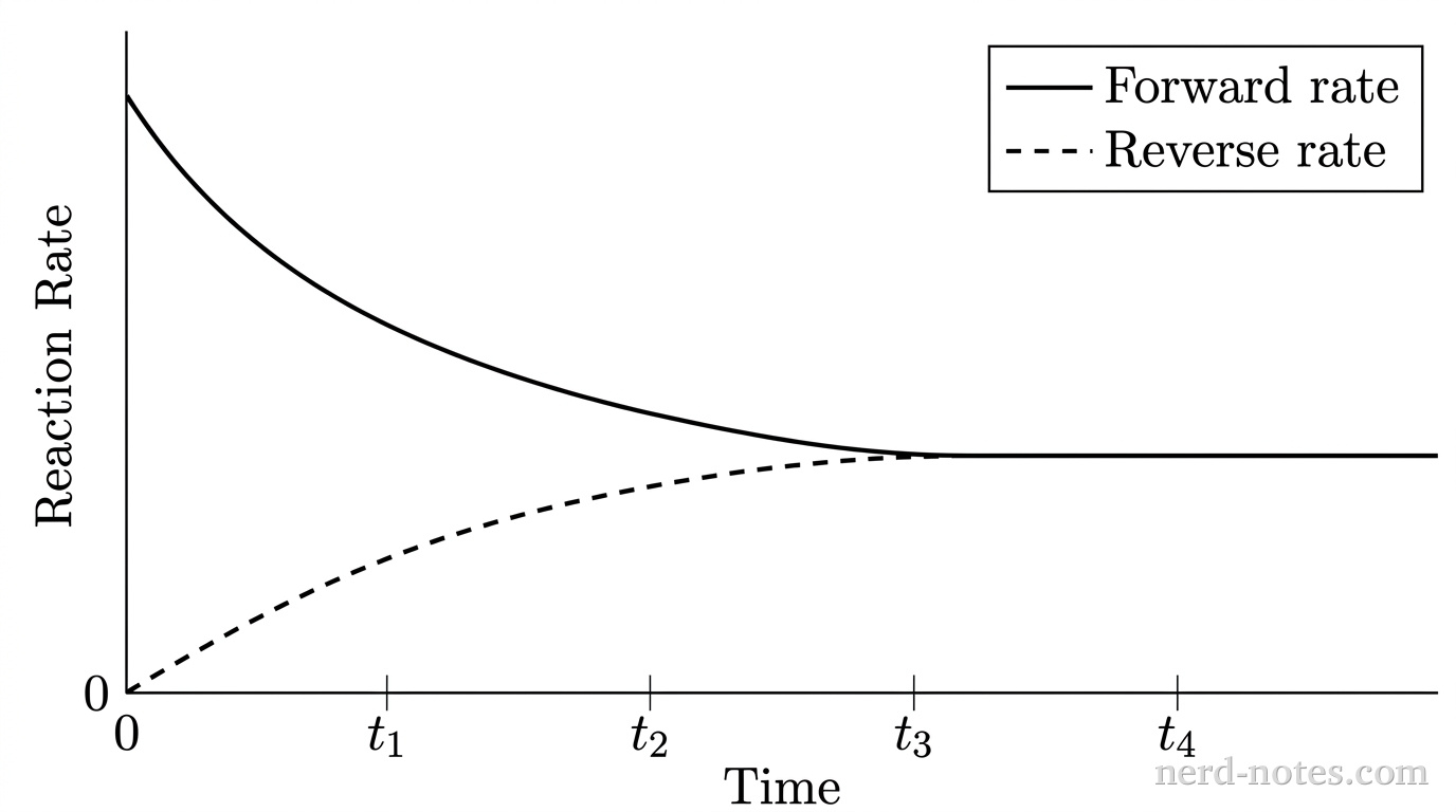 A 2D line graph with a horizontal axis labeled Time and a vertical axis labeled Reaction Rate. The origin is at the bottom-left corner marked 0. The horizontal axis contains four evenly spaced tick marks labeled in order from left to right: \(t_1\), \(t_2\), \(t_3\), and \(t_4\). Bare axes with no gridlines. Two curves are plotted: A solid curve representing Forward Rate begins at a high value on the vertical axis at time 0, decreases smoothly with a decreasing downward slope until time \(t_3\), and becomes completely horizontal from \(t_3\) through \(t_4\). A dashed curve representing Reverse Rate begins at the origin at time 0, increases smoothly with a decreasing upward slope until time \(t_3\), where it merges with the solid curve at a non-zero height. From \(t_3\) through \(t_4\), the dashed curve and solid curve overlap as a single constant horizontal line. A legend at the top right indicates: solid line = Forward rate, dashed line = Reverse rate. No other lines, curves, points, labels, or annotations appear.