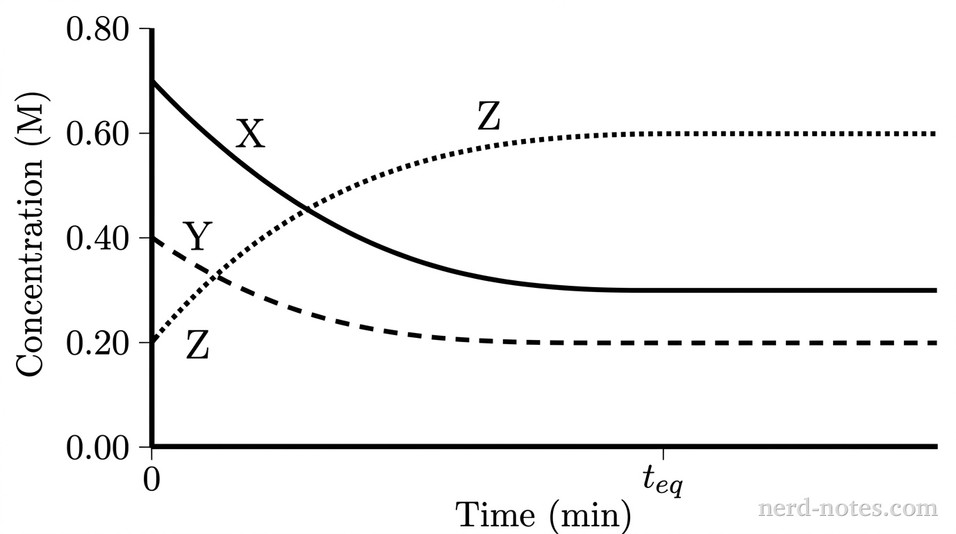 A grayscale line graph plotting concentration versus time in a closed container at constant temperature. The vertical axis is labeled 'Concentration (M)' with tick marks at 0.00, 0.20, 0.40, 0.60, and 0.80. The horizontal axis is labeled 'Time (min)' with ticks at 0 and at a point labeled t_eq. Three distinct curves are plotted from time 0 to past t_eq without gridlines: 1. A solid black curve labeled 'X' starts at (0, 0.70), curves smoothly downward, and plateaus horizontally at exactly 0.30 M at t_eq. 2. A dashed black curve labeled 'Y' starts at (0, 0.40), curves smoothly downward, and plateaus horizontally at exactly 0.20 M at t_eq. 3. A dotted black curve labeled 'Z' starts at (0, 0.20), curves smoothly upward, and plateaus horizontally at exactly 0.60 M at t_eq. All three curves remain completely flat and horizontal to the right of t_eq. No other lines, curves, gridlines, text, or annotations appear.