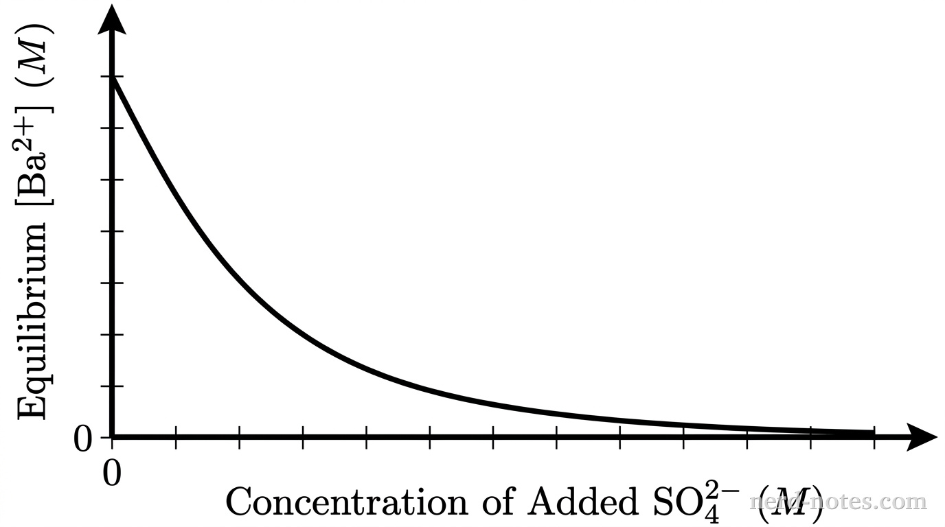 A line graph with bare axes and no gridlines. The horizontal axis is labeled 'Concentration of Added \(\text{SO}_4^{2-}\) (M)' and begins at 0. The vertical axis is labeled 'Equilibrium \([\text{Ba}^{2+}]\) (M)' and begins at 0. A single smooth, solid black curve starts at a point on the vertical axis above zero, curves downward steeply toward the right, and flattens to approach the horizontal axis asymptotically without touching or crossing it. No other lines, data points, legends, text, or annotations appear.