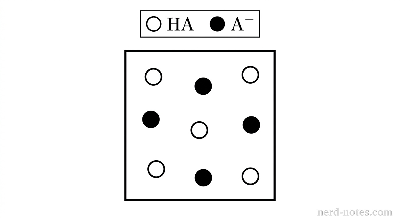 A single square box represents a buffer solution sample. A legend at the top maps: open circle = \(\text{HA}\), filled black circle = \(\text{A}^-\). Inside the square container, there are exactly 5 open circles and exactly 5 filled black circles evenly distributed without overlap. Water molecules and spectator ions are omitted. No other particles, labels, text, or annotations appear.