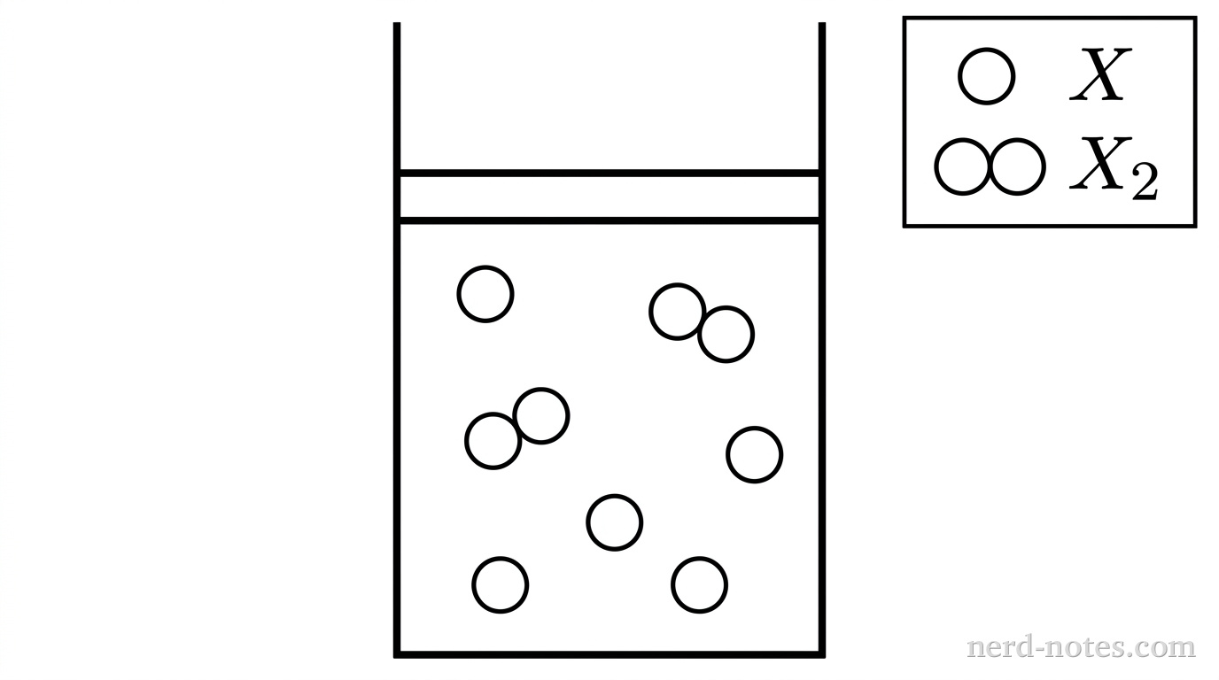 A vertical rectangular cylinder is fitted with a horizontal movable piston near the top. A legend at the upper-right corner indicates: a single open white circle represents one atom of \(\text{X}\); two touching open white circles represent one molecule of \(\text{X}_2\). Inside the full interior volume of the cylinder, there are exactly 4 separate single open white circles and exactly 2 diatomic pairs of touching open white circles, dispersed evenly. No other particles, labels, text, or annotations appear.