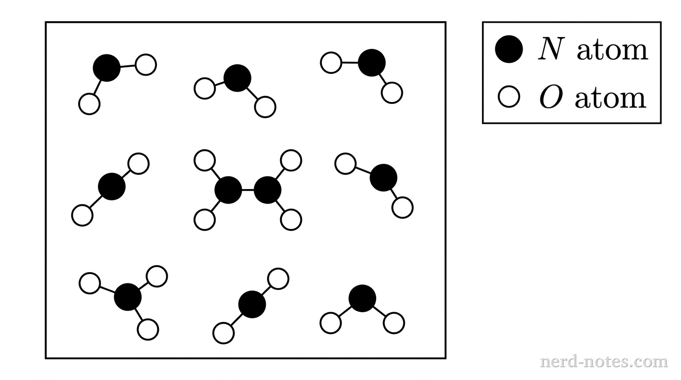 A square box representing a rigid container. In the upper right corner, a legend indicates: filled black circle = N atom; open white circle = O atom. Inside the box, there are exactly 6 NO2 molecules and exactly 1 N2O4 molecule, uniformly distributed. Each NO2 molecule consists of 1 central filled black circle bonded to 2 open white circles in a bent configuration. The single N2O4 molecule consists of 2 bonded central filled black circles, with each black circle also bonded to 2 open white circles. In total, the box contains exactly 8 filled black circles and exactly 16 open white circles. No other particles, labels, text, or annotations appear.
