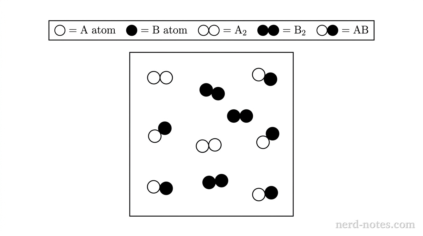 A square box representing a rigid 1.0 L container. A legend at the top displays: open white circle = A atom, solid black circle = B atom; a pair of two touching open white circles = A2; a pair of two touching solid black circles = B2; a pair of one open white circle touching one solid black circle = AB. Inside the square container, there are exactly 2 A2 molecules, exactly 2 B2 molecules, and exactly 4 AB molecules. The 8 total molecules are dispersed evenly throughout the interior space. No other particles, labels, text, or annotations appear.