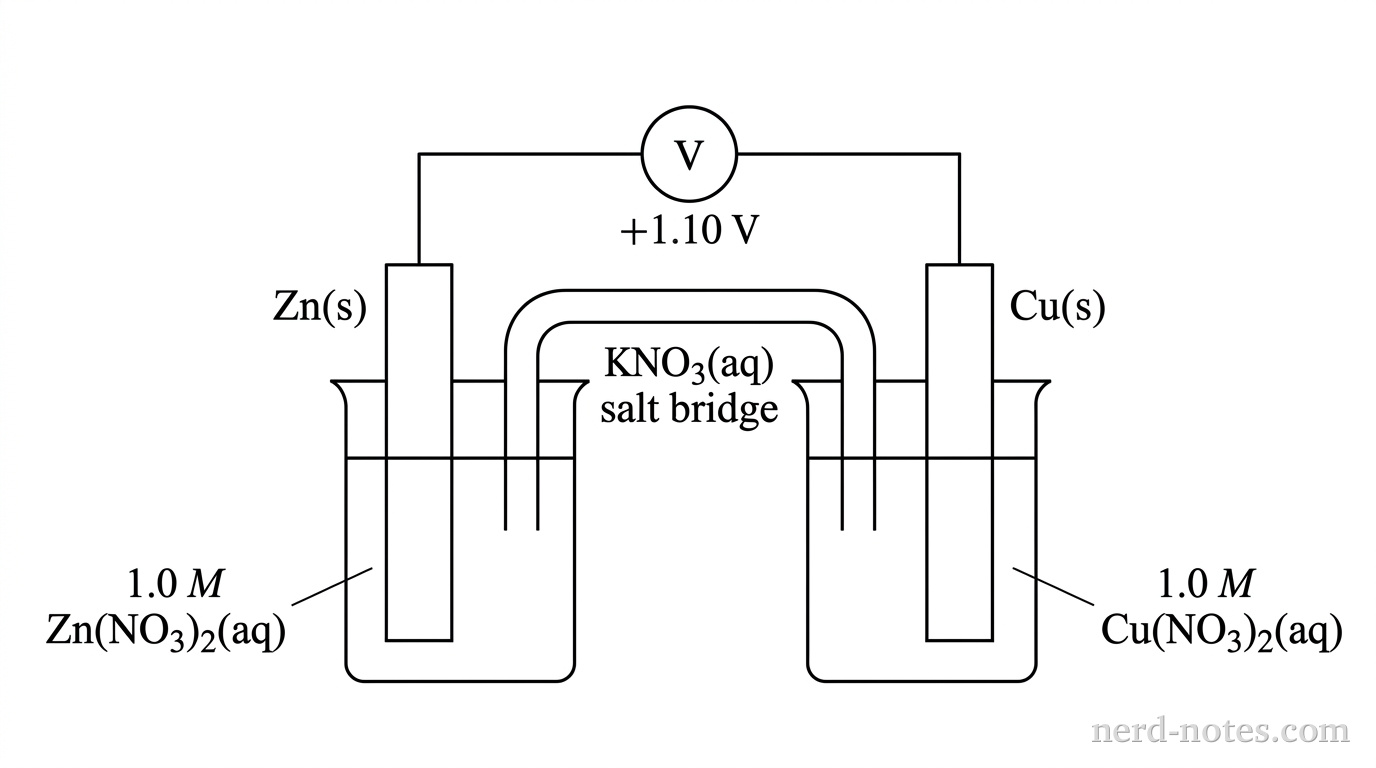 A grayscale schematic diagram of a galvanic cell. On the left, a beaker labeled 1.0 M Zn(NO3)2(aq) contains a solid rectangular strip labeled Zn(s). On the right, a beaker labeled 1.0 M Cu(NO3)2(aq) contains a solid rectangular strip labeled Cu(s). A wire connects the two solid strips through a central circular meter labeled V displaying +1.10 V. An inverted U-tube labeled KNO3(aq) salt bridge dips its ends into both beakers. No other particles, labels, text, or annotations appear.