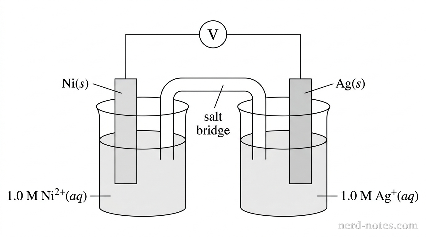 A grayscale line drawing of a galvanic cell consisting of two open beakers connected by an inverted U-tube salt bridge and an external wire with a circle labeled V representing a voltmeter. The left beaker contains a gray rectangular electrode labeled \(\text{Ni}(s)\) submerged in a solution labeled \(1.0\text{ M }\text{Ni}^{2+}(aq)\). The right beaker contains a gray rectangular electrode labeled \(\text{Ag}(s)\) submerged in a solution labeled \(1.0\text{ M }\text{Ag}^+(aq)\). The inverted U-tube spans between the two beakers with its ends immersed in each solution, labeled salt bridge. An external wire connects the top of the \(\text{Ni}\) electrode to the left terminal of the voltmeter and the right terminal of the voltmeter to the top of the \(\text{Ag}\) electrode. No other particles, labels, text, or annotations appear.