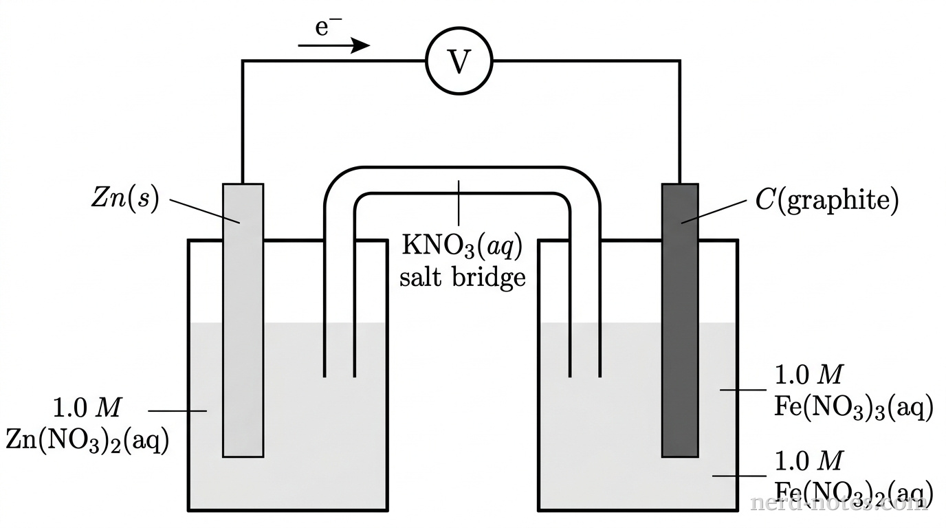 A schematic diagram of a galvanic cell with two separate beakers connected by an inverted U-shaped salt bridge and an external wire with a voltmeter. The left beaker contains a light gray solid strip labeled Zn(s) immersed in a solution labeled 1.0 M Zn(NO3)2(aq). The right beaker contains a dark gray solid rod labeled C(graphite) immersed in a solution labeled 1.0 M Fe(NO3)3(aq) and 1.0 M Fe(NO3)2(aq). The external wire connects the two electrodes through a circular voltmeter labeled V. The inverted U-tube is labeled KNO3(aq) salt bridge with open ends dipping into each solution. An arrow alongside the top wire indicates electron flow directed from the Zn(s) electrode toward the C(graphite) electrode. No other particles, labels, text, or annotations appear.