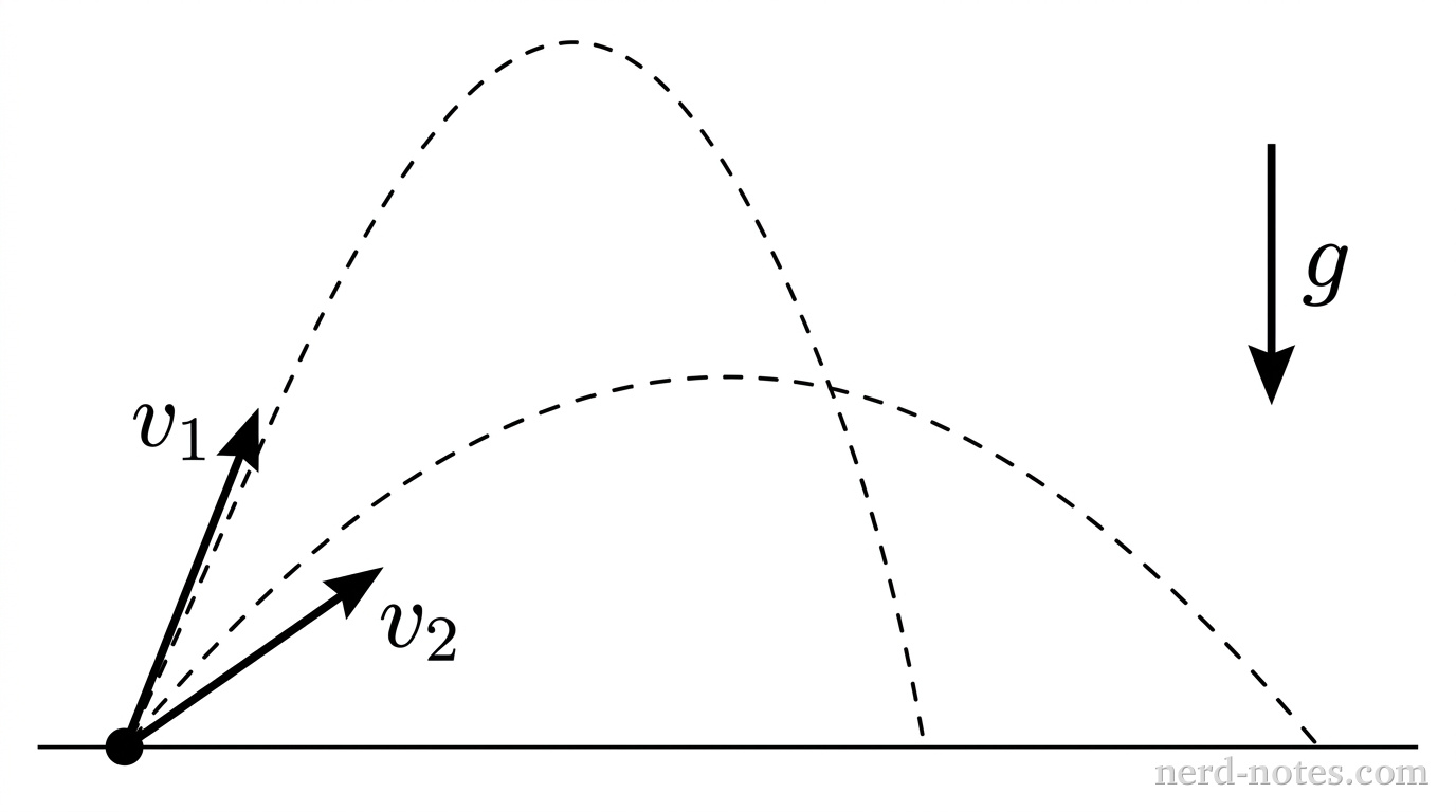 A horizontal ground line is drawn along the bottom. From a single point on the ground, two dashed parabolic trajectory curves extend upward and to the right. The first trajectory is taller and narrower, while the second trajectory is lower and wider. At the common launch point, two solid arrows representing initial velocity vectors originate: one vector labeled v_1 directed at a steep angle above the horizontal, and a second vector labeled v_2 directed at a shallower angle above the horizontal. A downward vertical arrow to the right of the trajectories is labeled g. No other labels, lines, text, or axes appear.