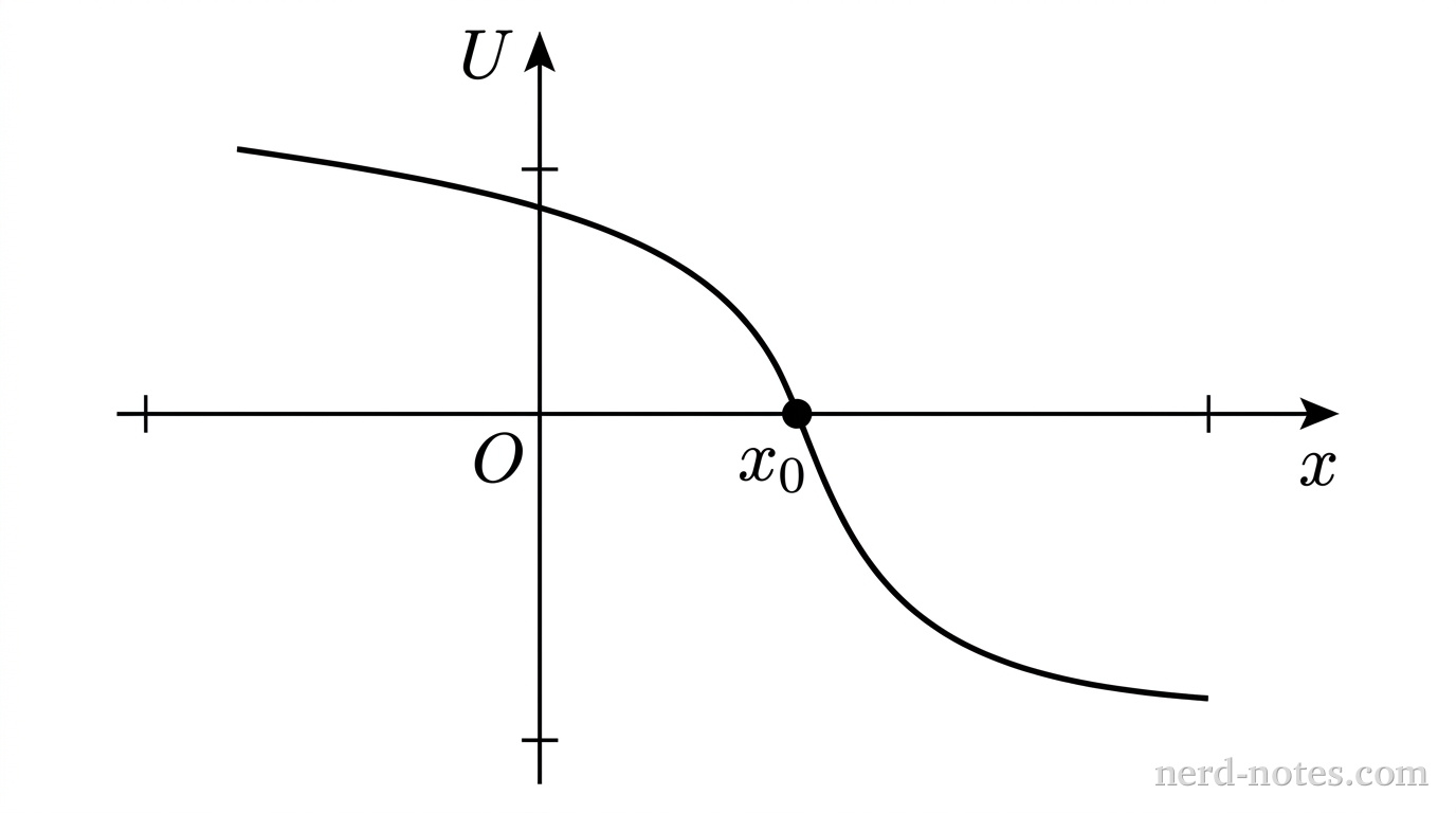 A bare Cartesian coordinate system showing potential energy U on the vertical axis and position x on the horizontal axis. A single smooth, solid curve represents U(x). The curve crosses the horizontal axis at a point labeled x_0 with a steep negative slope, passing continuously from positive values of U for x less than x_0 to negative values of U for x greater than x_0. A solid dot marks the intersection point at (x_0, 0). The origin is labeled O. No other labels, gridlines, arrows, or text appear.